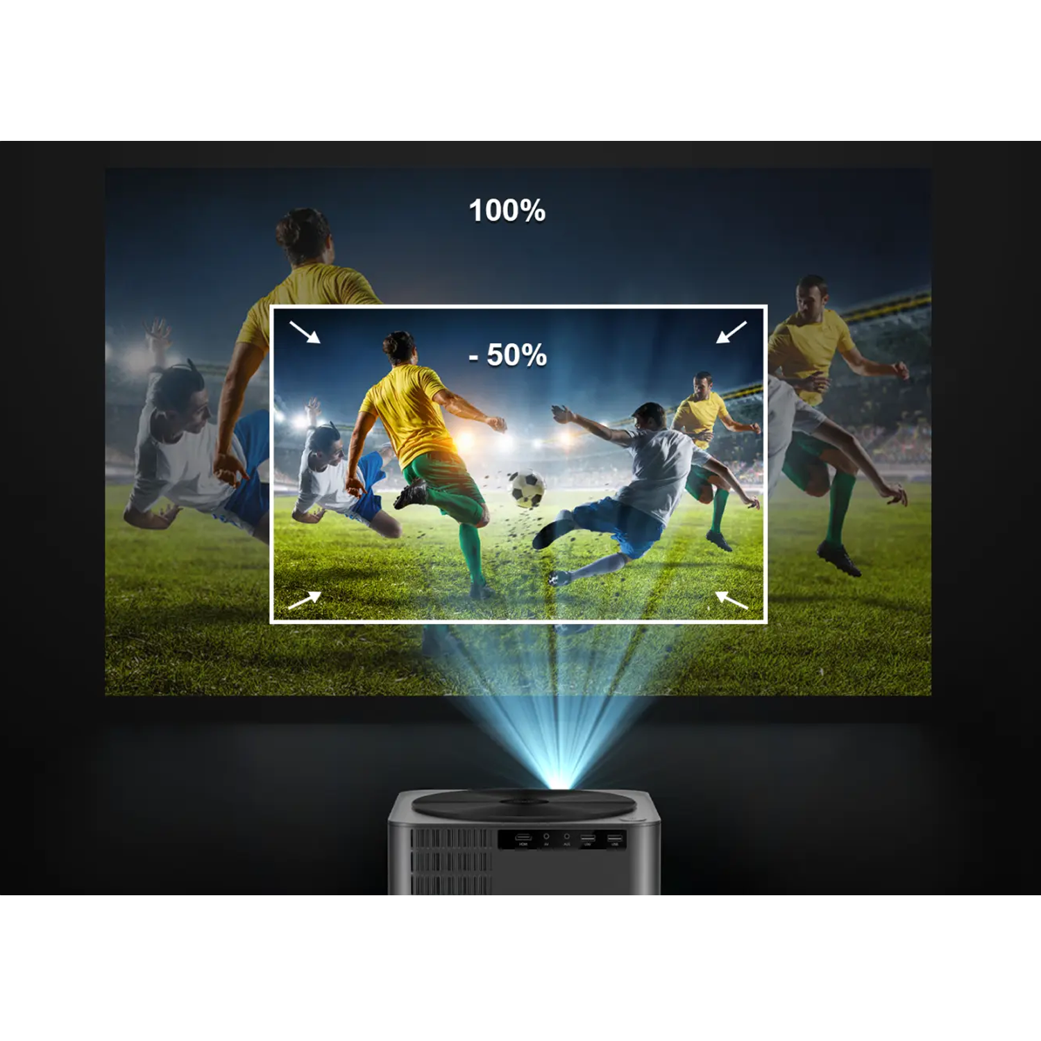 Projector showing a soccer game on a screen, with arrows indicating zoom adjustments.
