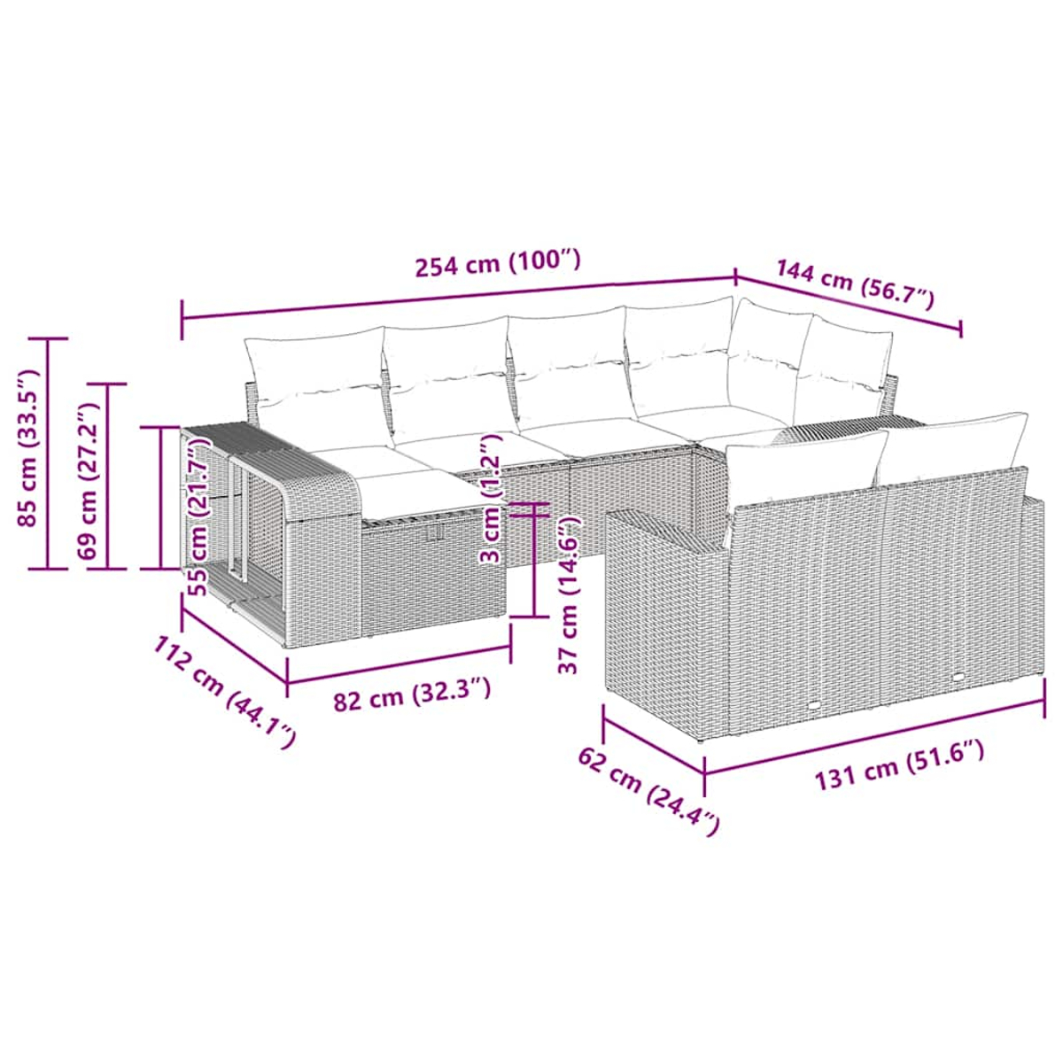 Diagramm eines Ecksofas mit Maßen, 254x144x85 cm, 112x69x55 cm und 62x37 cm.