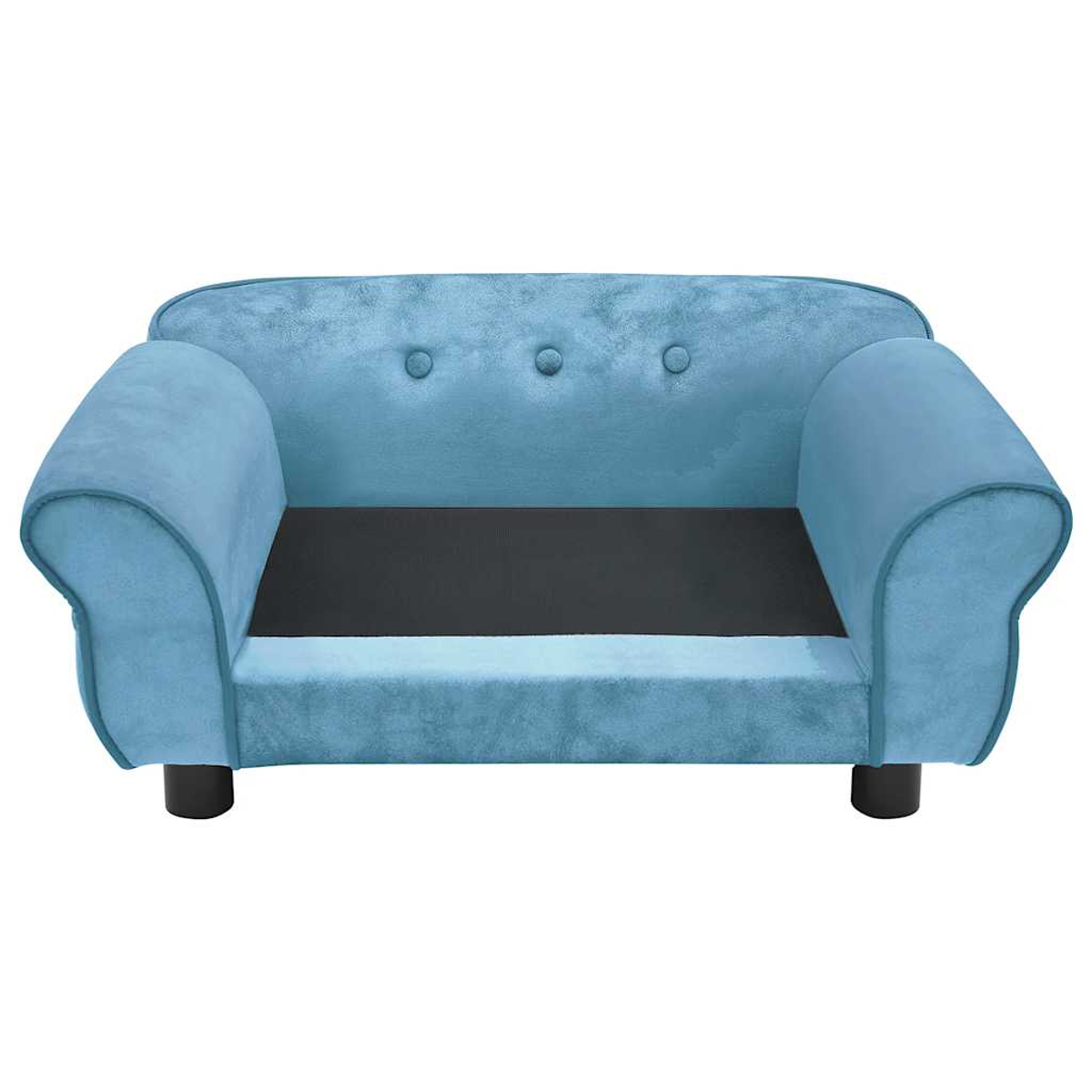 Hellblaues Haustiersofa mit schwarzer Basis und schwarzen Füßen, Vorderansicht.