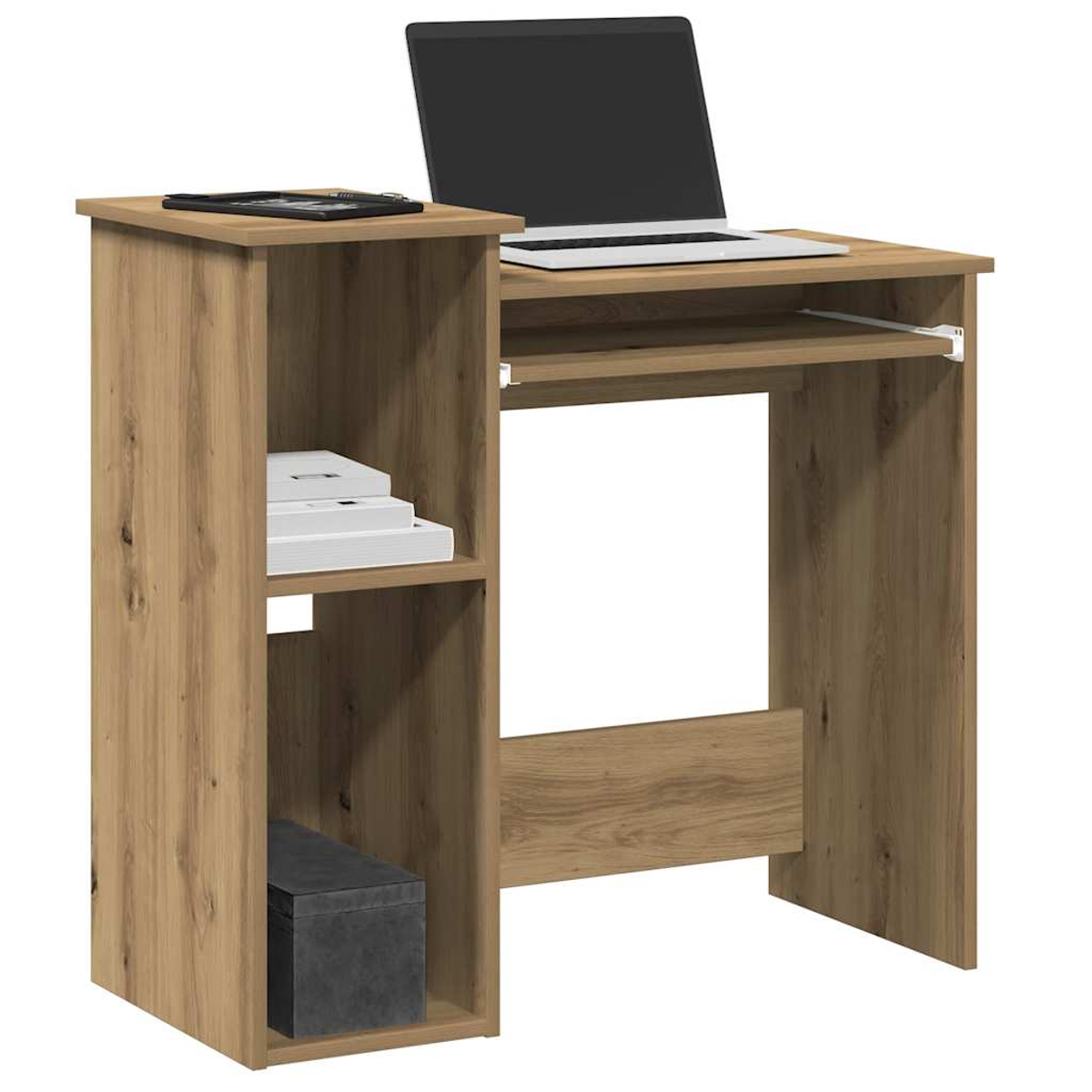 Ein Holzschreibtisch mit Laptop, Regal mit Büchern und einer schwarzen Box.
