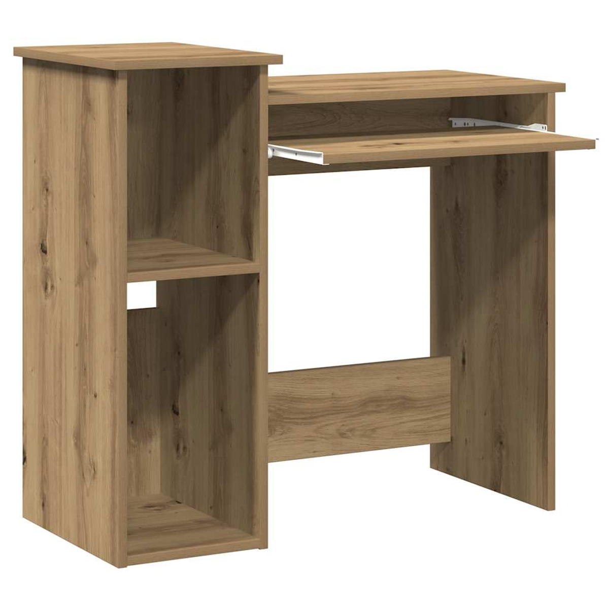 Holzschreibtisch mit ausziehbarer Tastaturablage und Stauraum auf der linken Seite. Weißer Hintergrund.