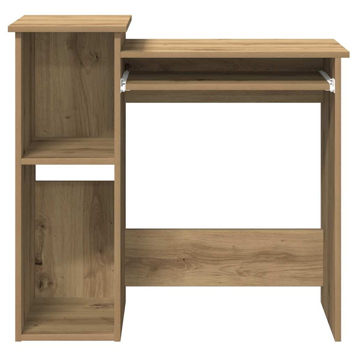 Holzschreibtisch mit ausziehbarer Tastaturablage und Stauraum auf der linken Seite. Weißer Hintergrund.