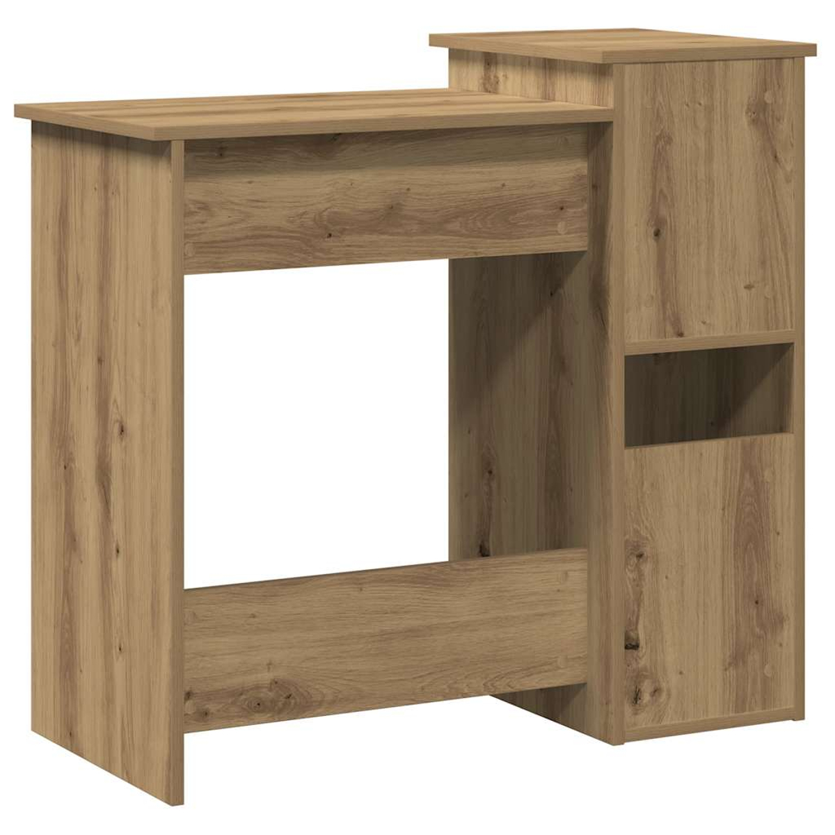Holzschreibtisch mit Stauraum, hellbraun. Hat ein oberes Regal und einen seitlichen Schrank.