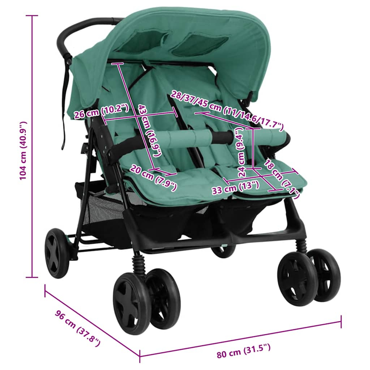 Doppelkinderwagen mit Maßangaben: 104 cm Höhe, 96 cm Breite und 80 cm Länge.