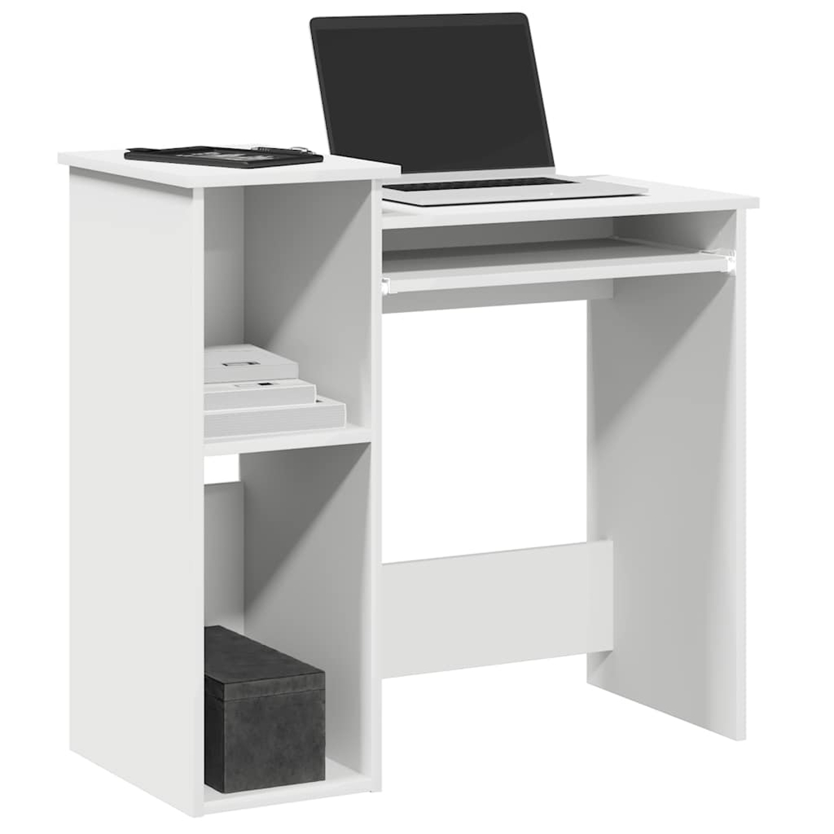Ein weißer Computertisch mit Laptop, Büchern und einer schwarzen Box. Er hat eine Tastaturablage.
