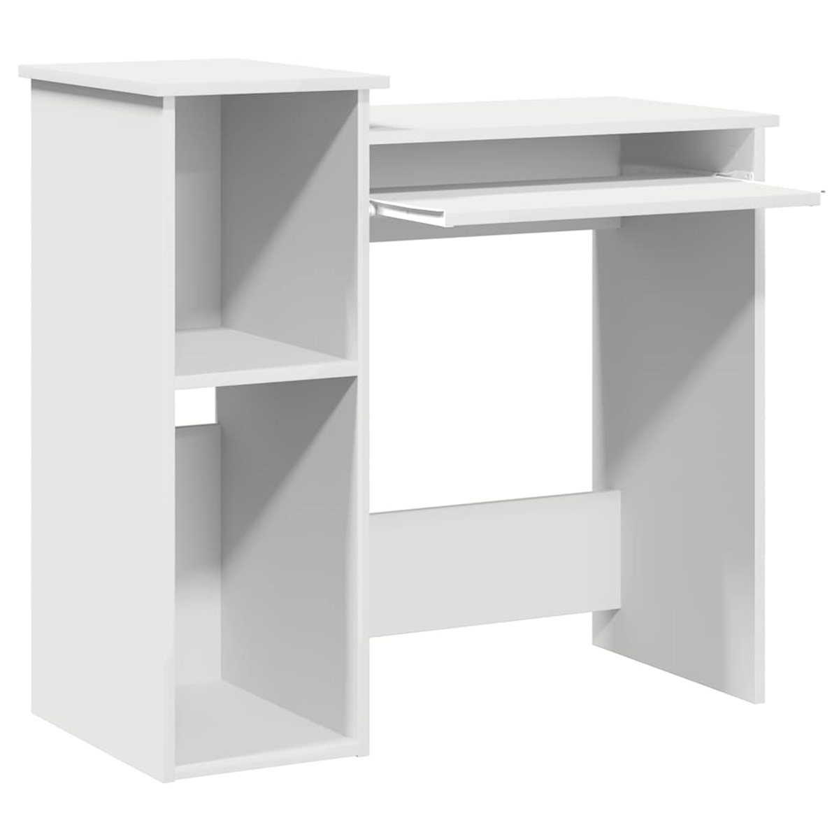 Ein weißer Schreibtisch mit Regalen und einer Tastaturablage. Der Schreibtisch ist sauber.