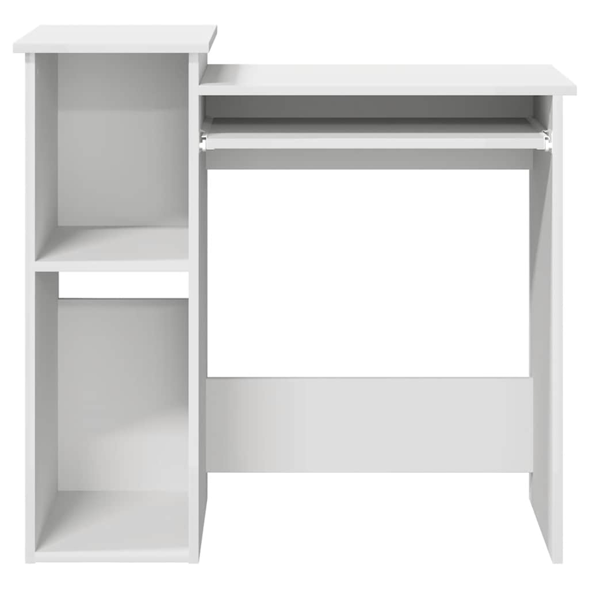 Weißer Schreibtisch mit Monitorablage und Seitenablage. Er hat eine Tastaturablage und eine Beinauflage.