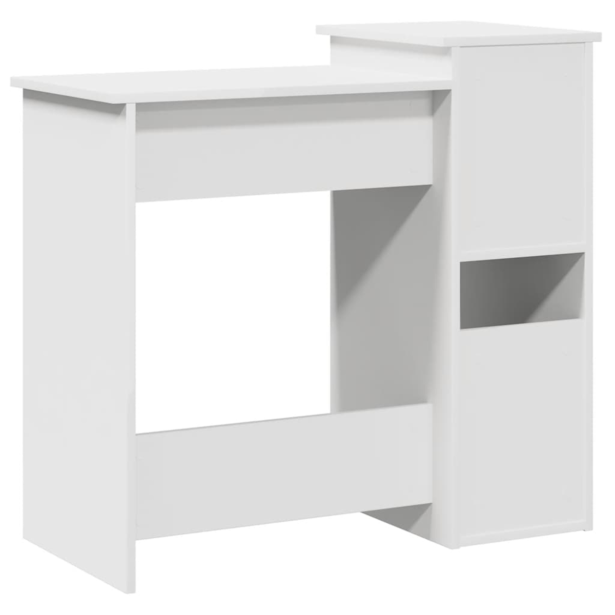 Weißer Schreibtisch mit Monitorablage und Seitenablage. Der Schreibtisch ist leer, von der Seite gesehen.