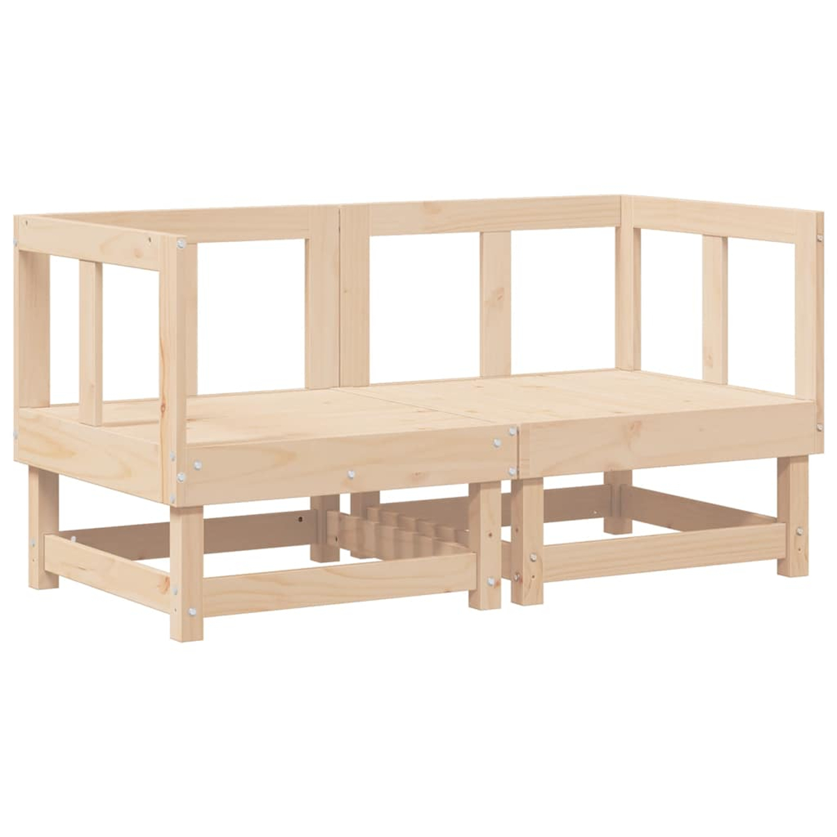 Holzsofa mit zwei Teilen. Jeder Teil hat eine Basis, Rückenlehne und Armlehnen aus hellem Holz.