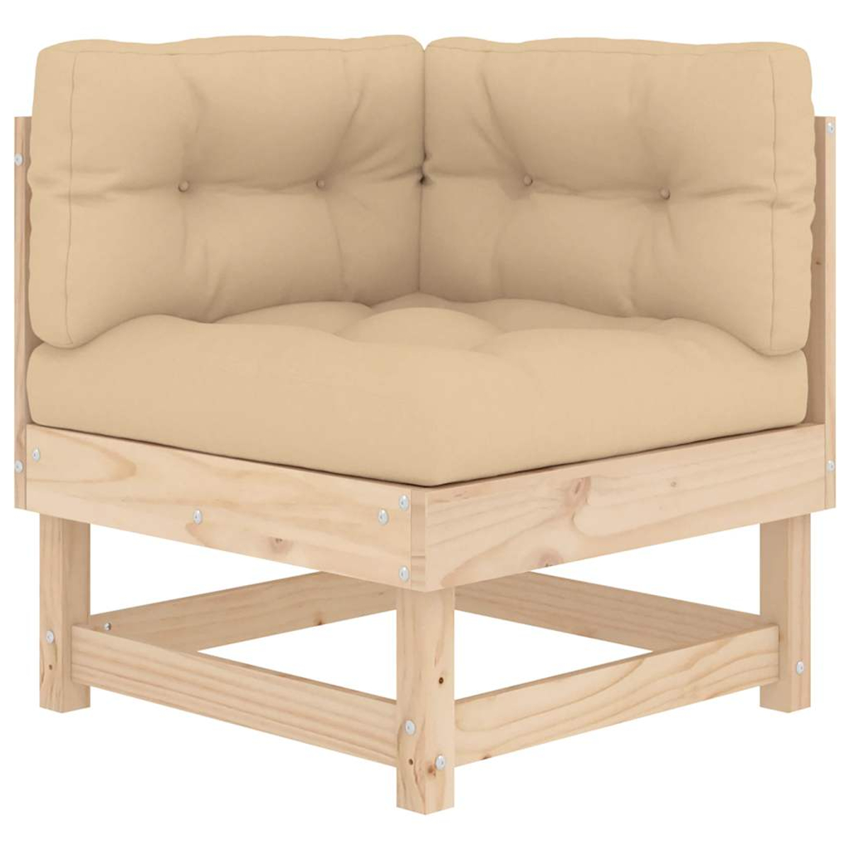Ein Ecksofa aus Holz mit beigen Kissen. Das Sofa besteht aus hellem Holz und hat eine quadratische Form.
