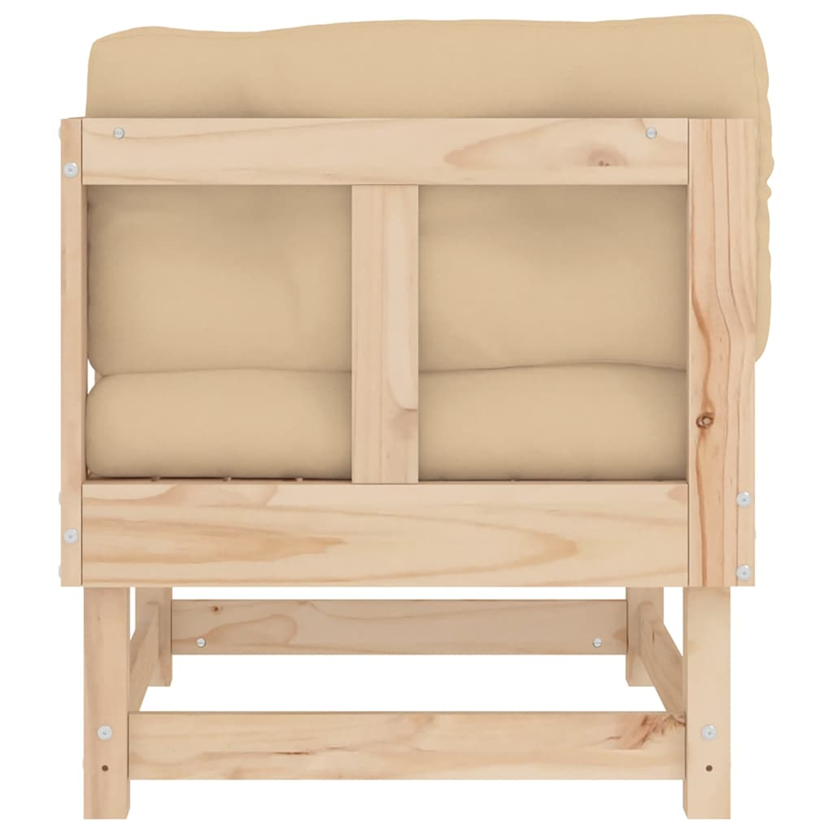 Ein hellbrauner Futon-Sofarahmen mit beigen Kissen, von hinten gesehen. Es ist aus Holz gefertigt.
