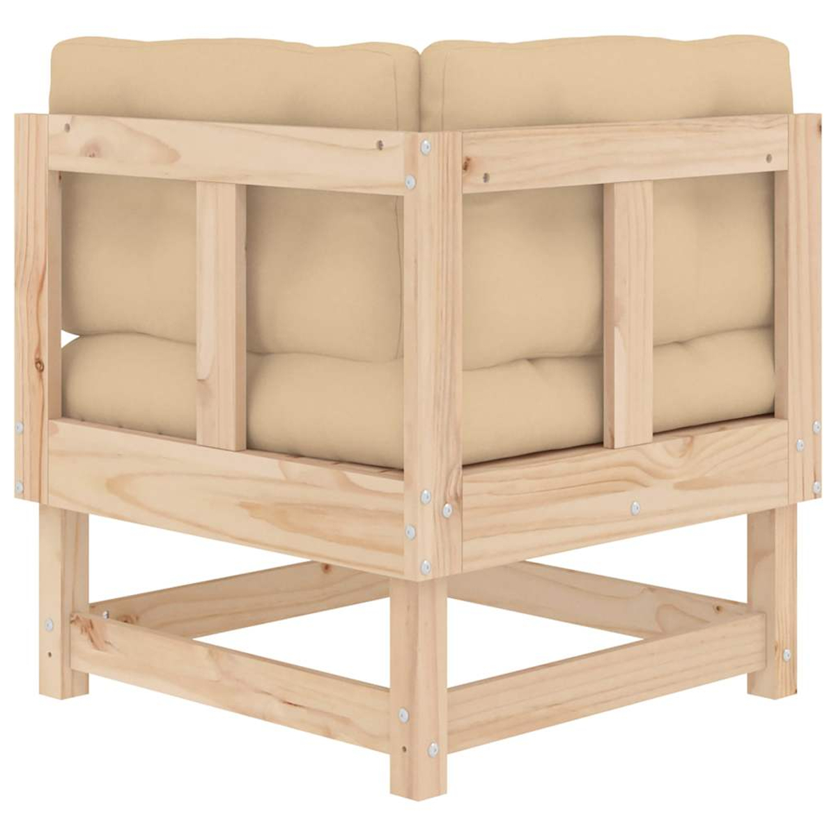 Ecksofa aus Holz mit beigen Kissen. Heller Holzrahmen, quadratische Form, schlichtes Design.