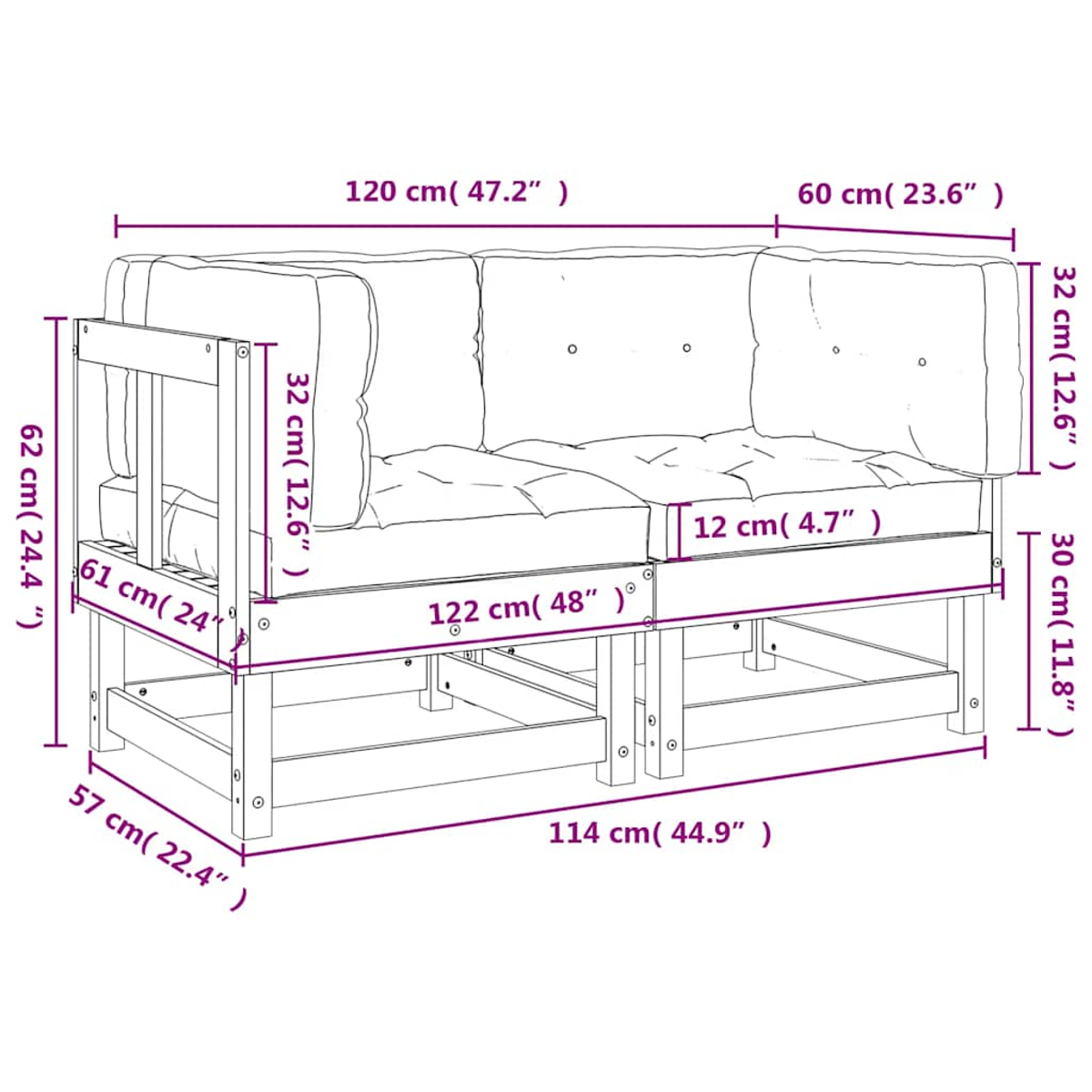 Strichzeichnung eines Holzsofas mit in Zentimetern und Zoll beschrifteten Abmessungen.