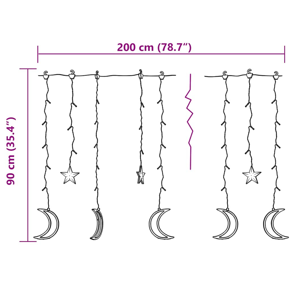 Ein Satz dekorativer Lichter mit Mond- und Sternformen, mit den Maßen 200 cm x 90 cm.