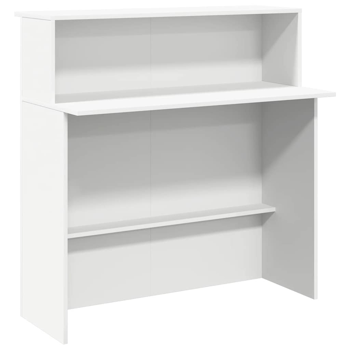 Weißer Büroschrank mit Regalen und Schreibtisch, auf weißem Hintergrund.