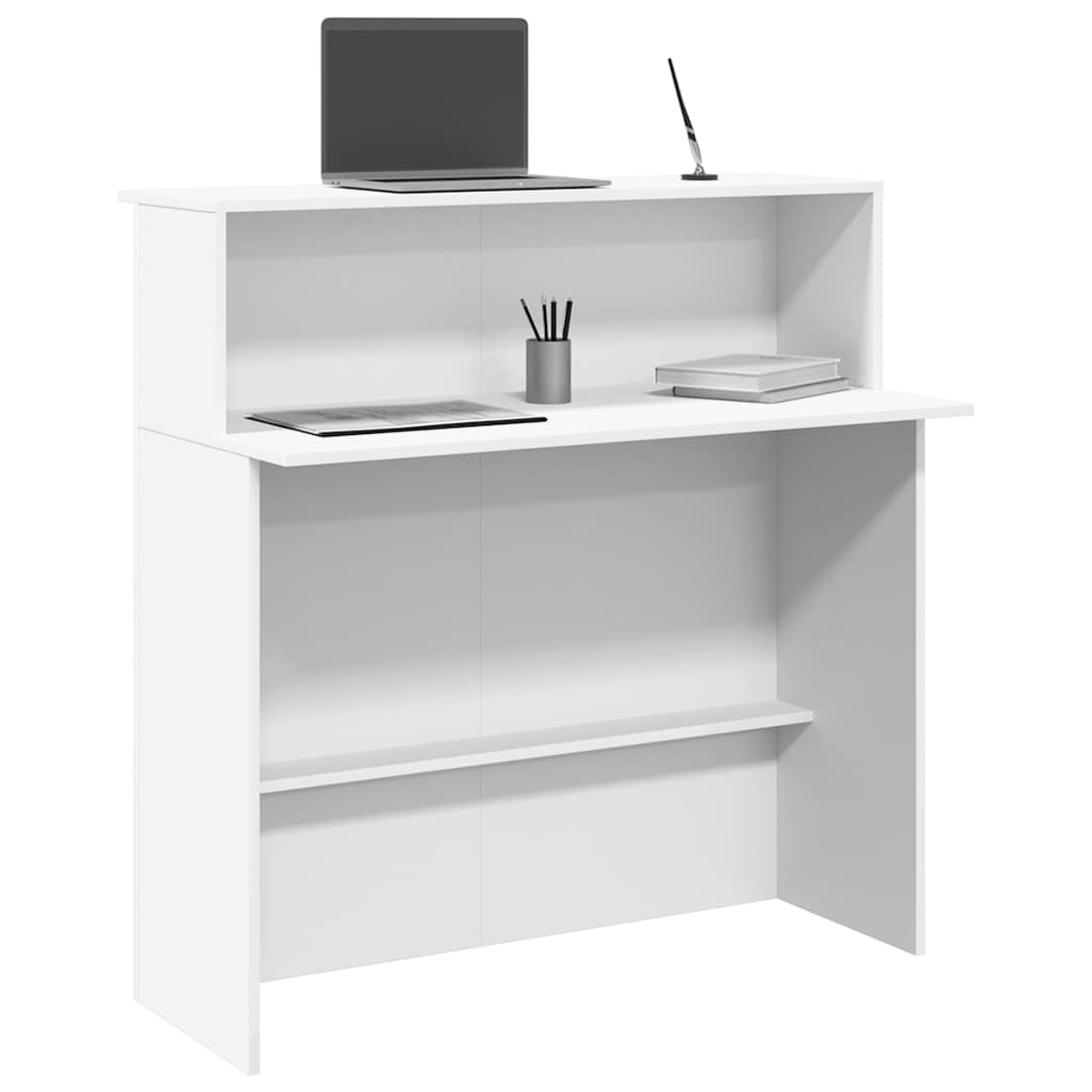 Weißer Empfangstisch mit Laptop, Stift und Büchern, offen und einsatzbereit.
