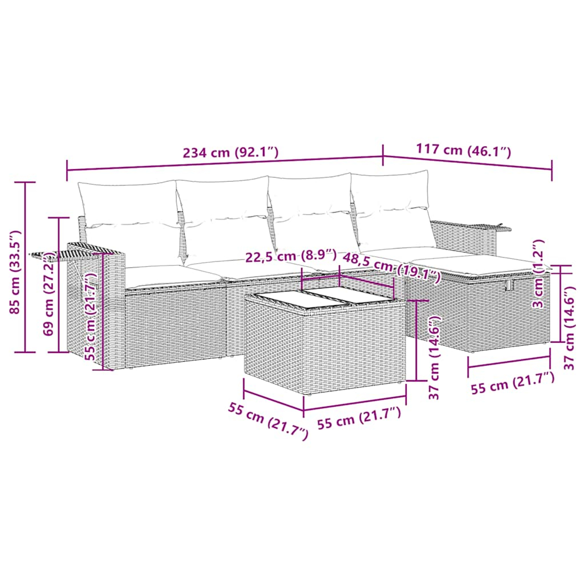 Geflochtenes Outdoor-Sofa mit Maßen. Enthält einen Tisch und ein Sofa mit Kissen.