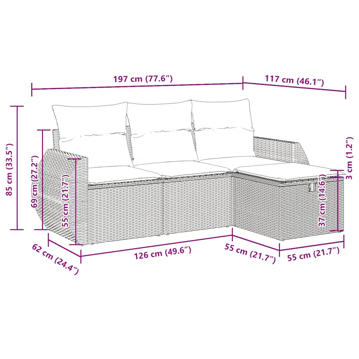Ecksofa im Freien mit Abmessungen. Cremefarbene Kissen, dunkelbrauner Rahmen.