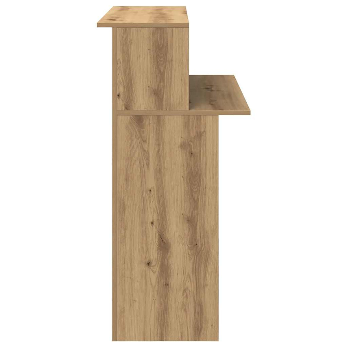 Seitenansicht des Holzschranks, mit oberem Regal und Seitenregal, helles Holz, weißer Hintergrund.