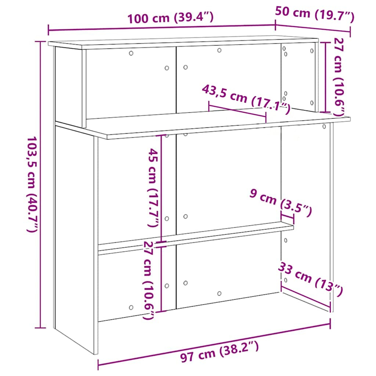 Holzschrank mit beschrifteten Abmessungen. Weißer Hintergrund mit schwarzen Linien.