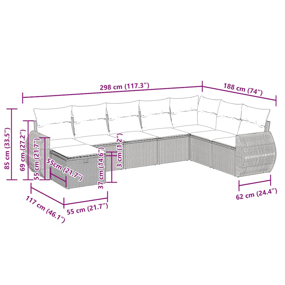 Ein großes L-förmiges Outdoor-Sofa mit markierten Abmessungen, auf weißem Hintergrund.