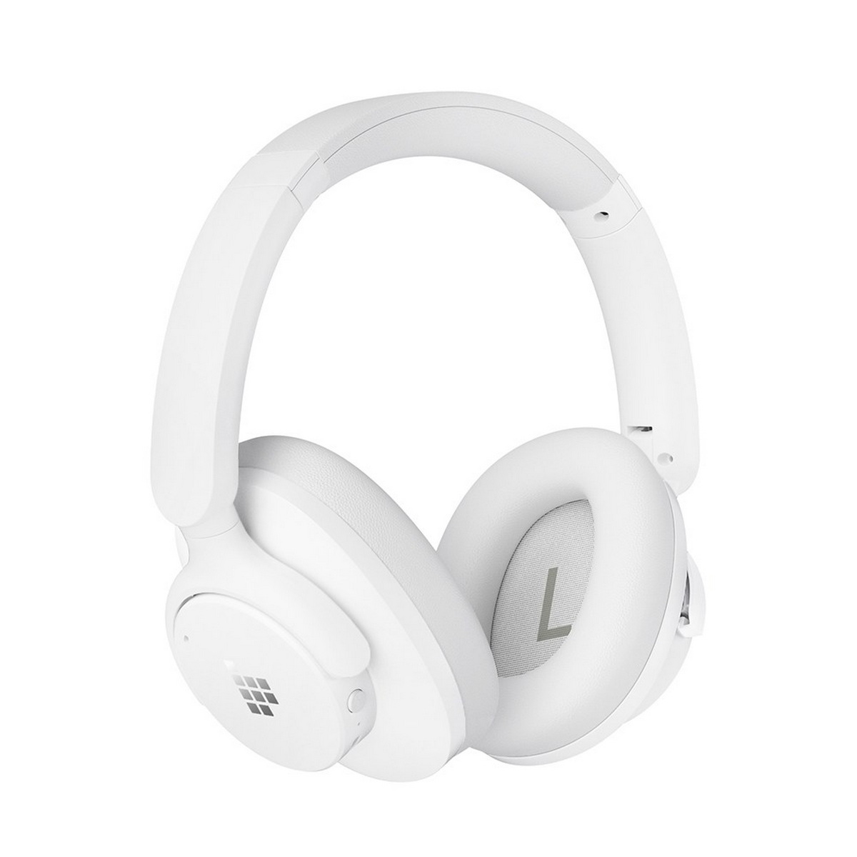 Cuffie bianche over-ear, primo piano su sfondo bianco.