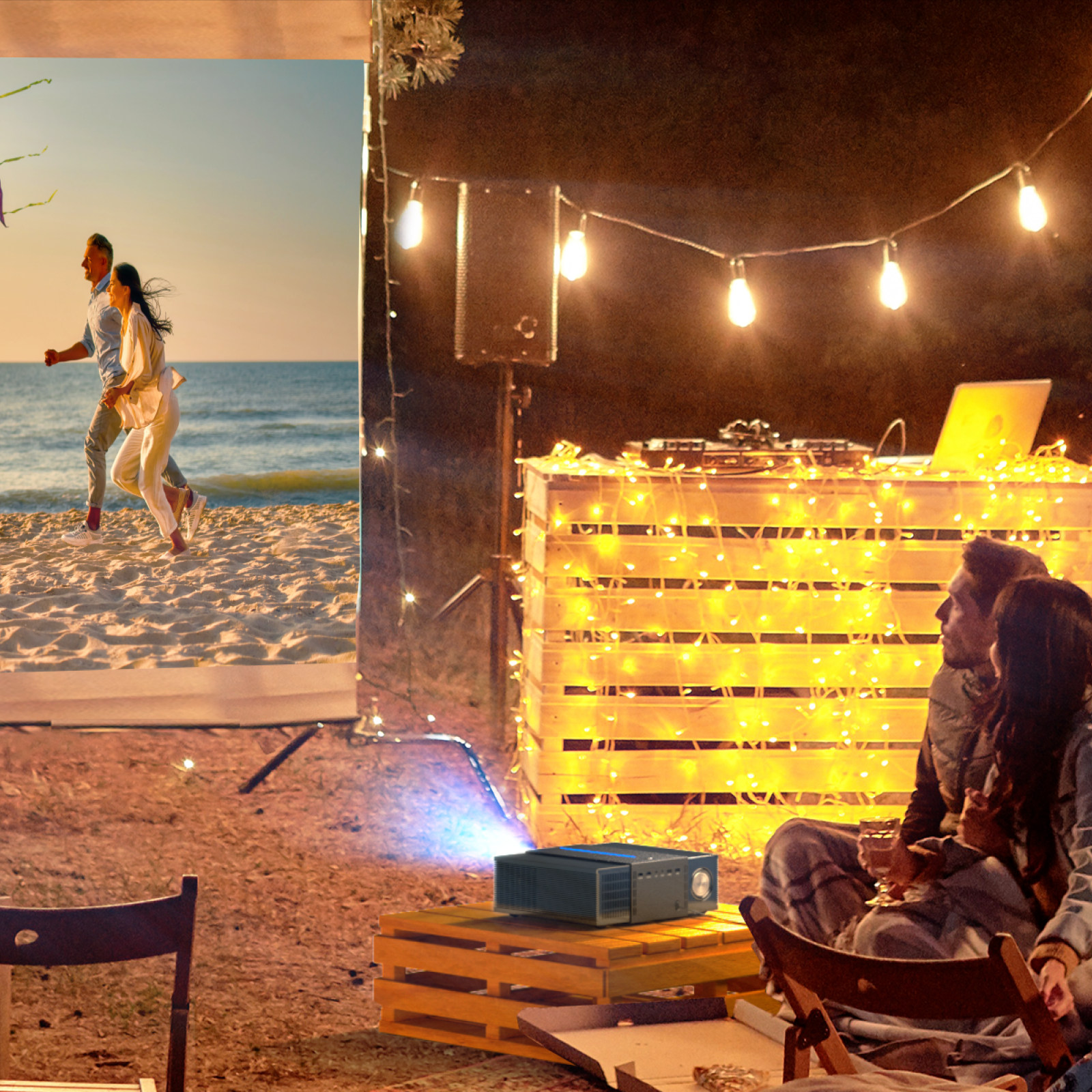Personas corriendo en la playa, viendo una película proyectada en una pantalla.