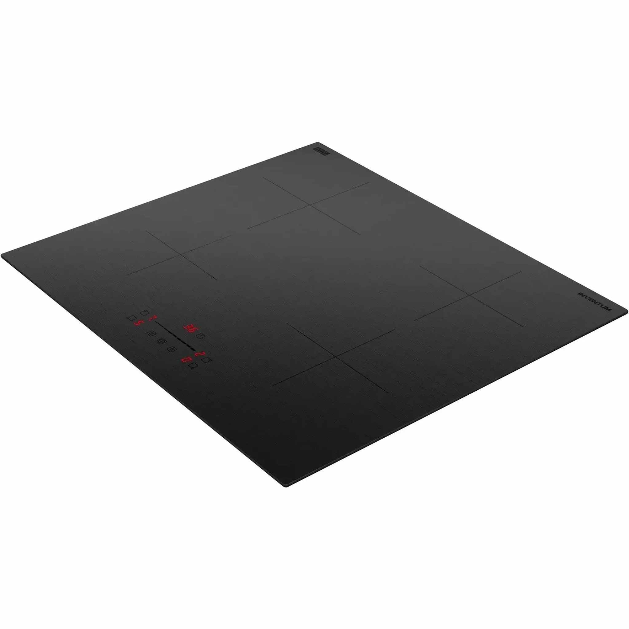 Zwarte inductiekookplaat met vier kookzones en een digitaal display met warmte-instellingen.