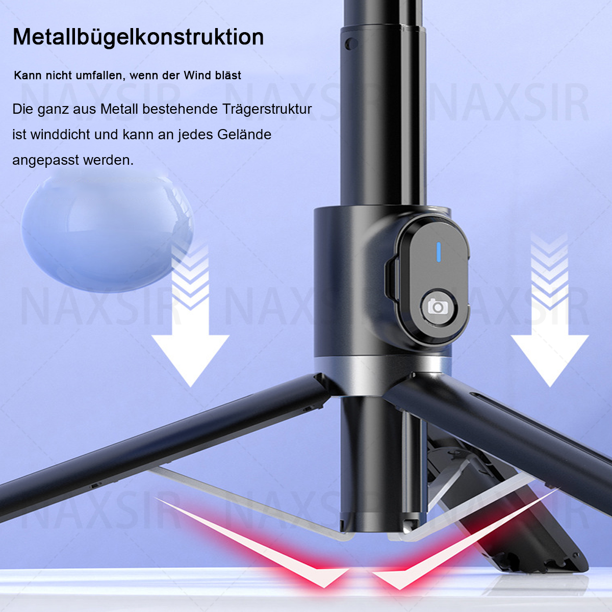Schwarzes Selfie-Stick-Stativ mit Pfeilen, blauem Hintergrund und dem Markennamen NAXSIR.