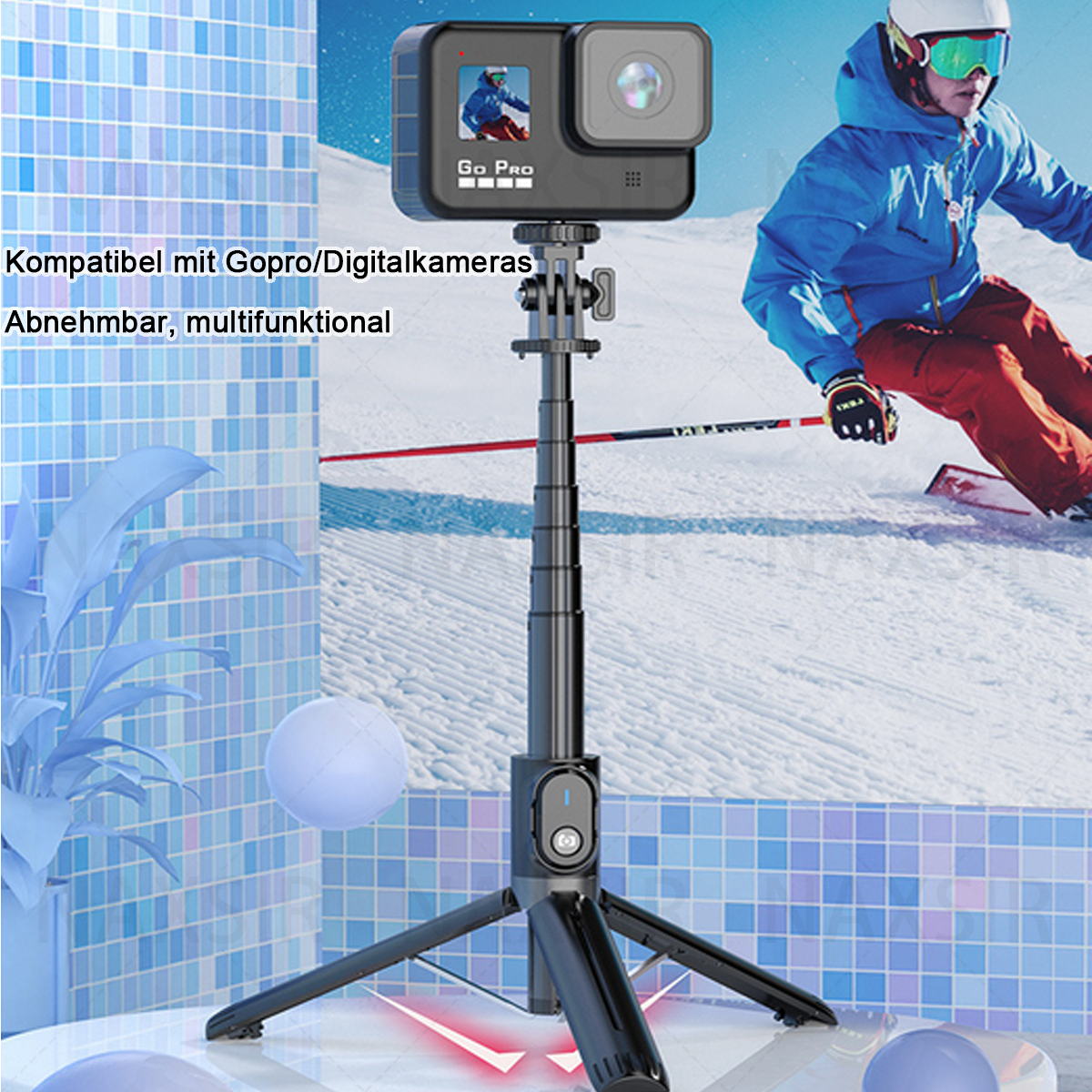 Eine GoPro-Kamera auf einem Stativ vor einer blau gefliesten Wand.