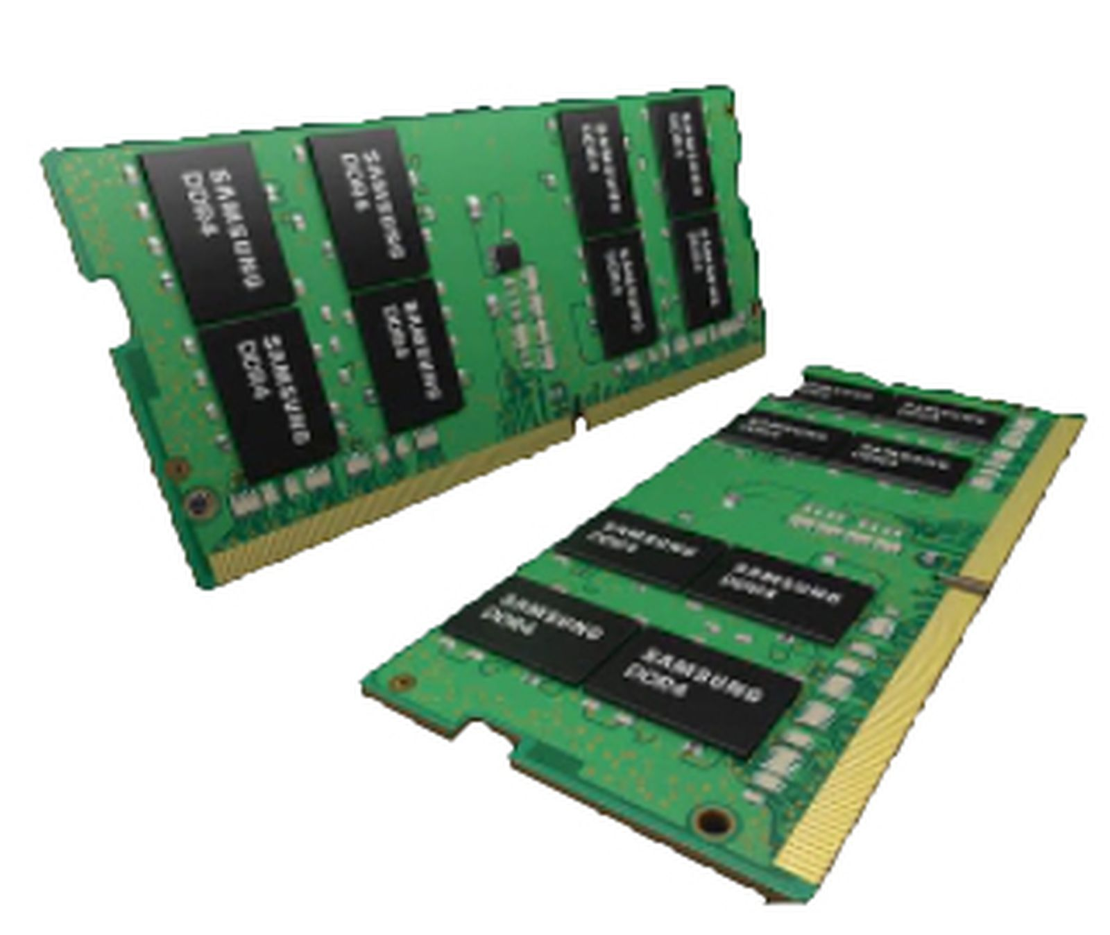 Due moduli RAM verdi con chip neri. I moduli sono angolati per mostrare entrambi i lati.