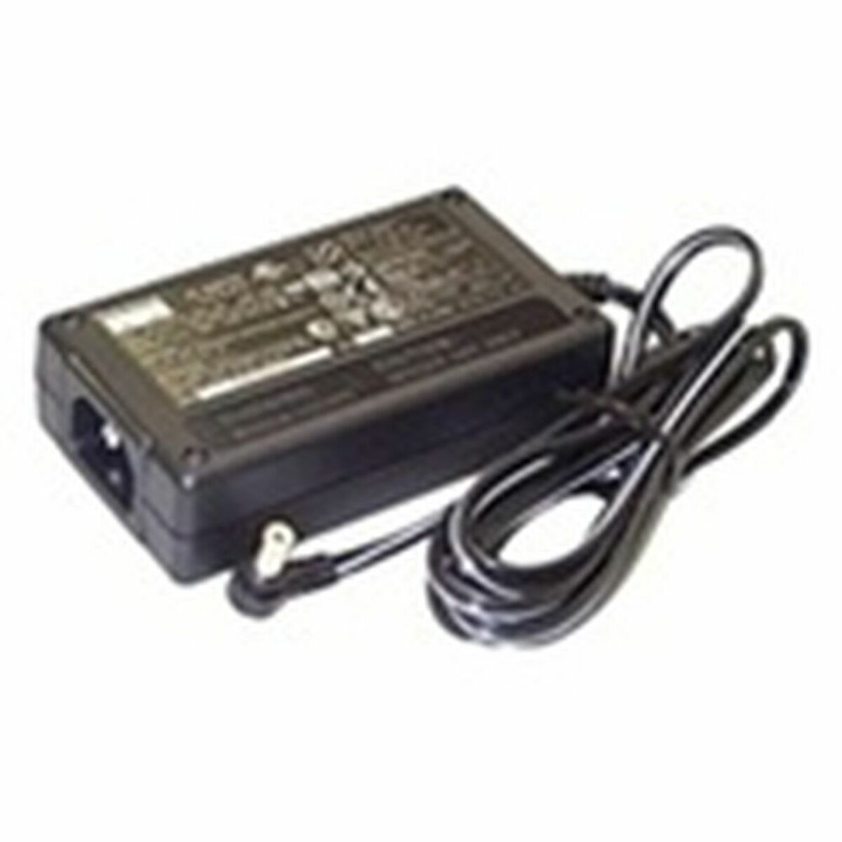 Schwarzes Netzteil mit schwarzem Kabel. Das Netzteil hat einen Stecker und Anschluss.