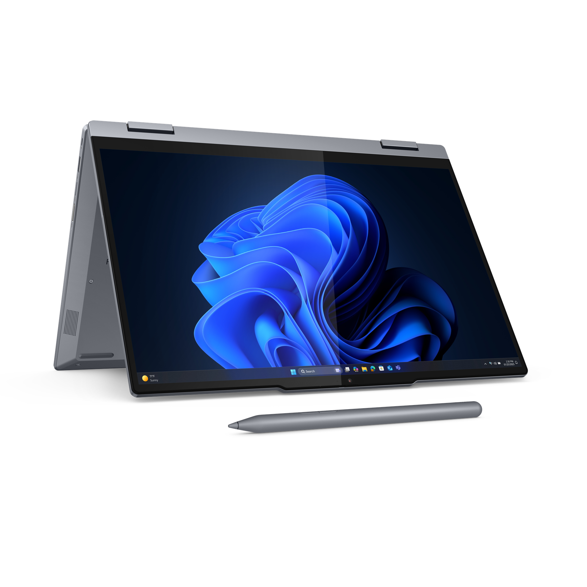 Laptop con un'immagine blu sullo schermo, uno stilo accanto. Il laptop è grigio.