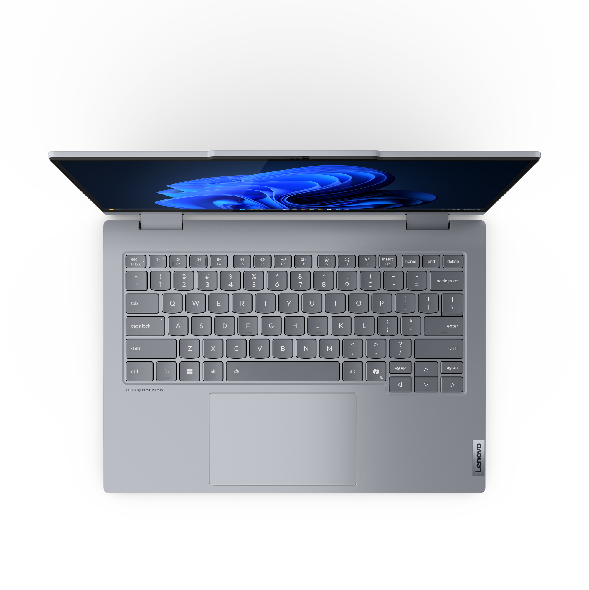 Laptop, vista dall'alto, che mostra tastiera e schermo, con un'interfaccia utente blu.