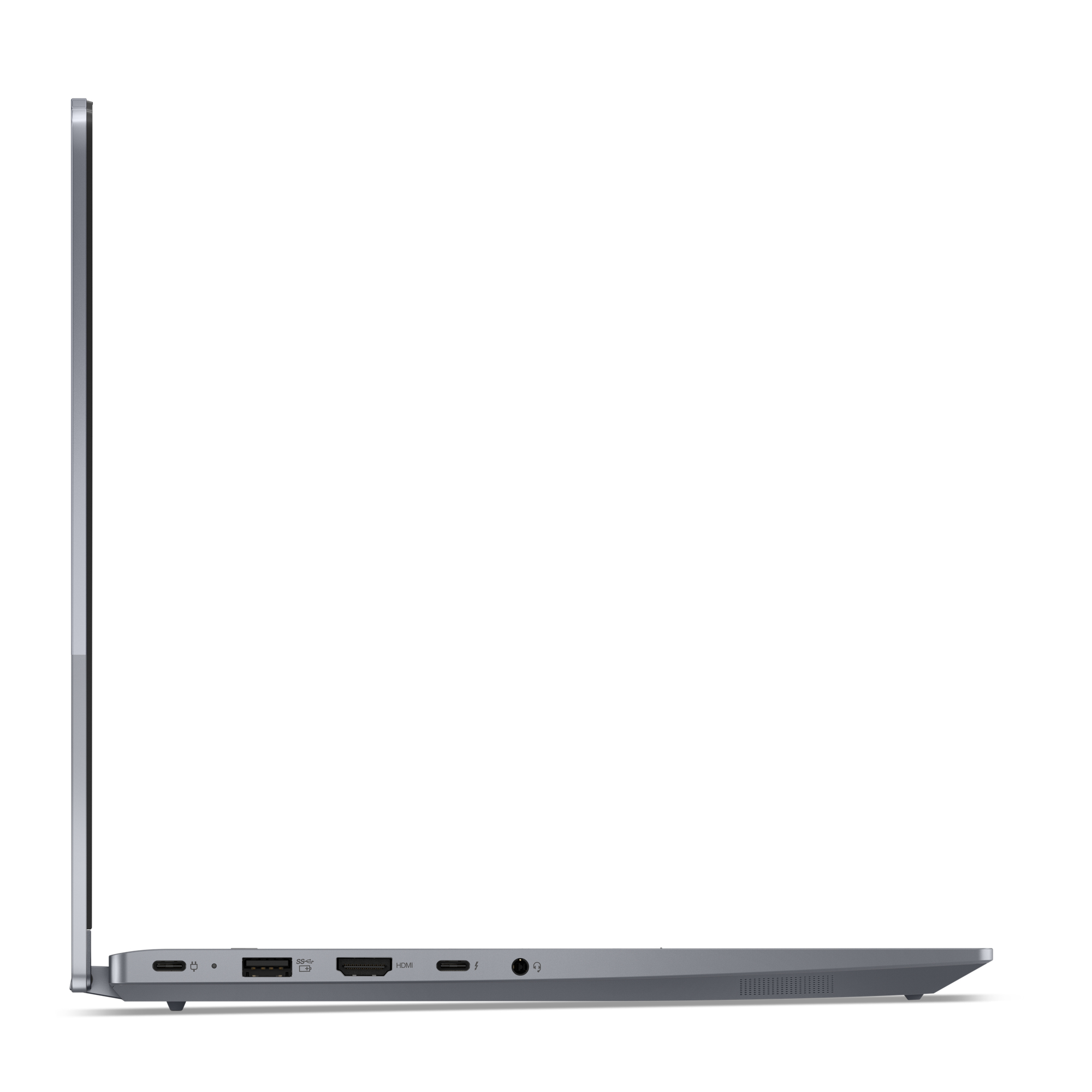 Seitenansicht eines silbernen Lenovo Laptops auf weißem Hintergrund.