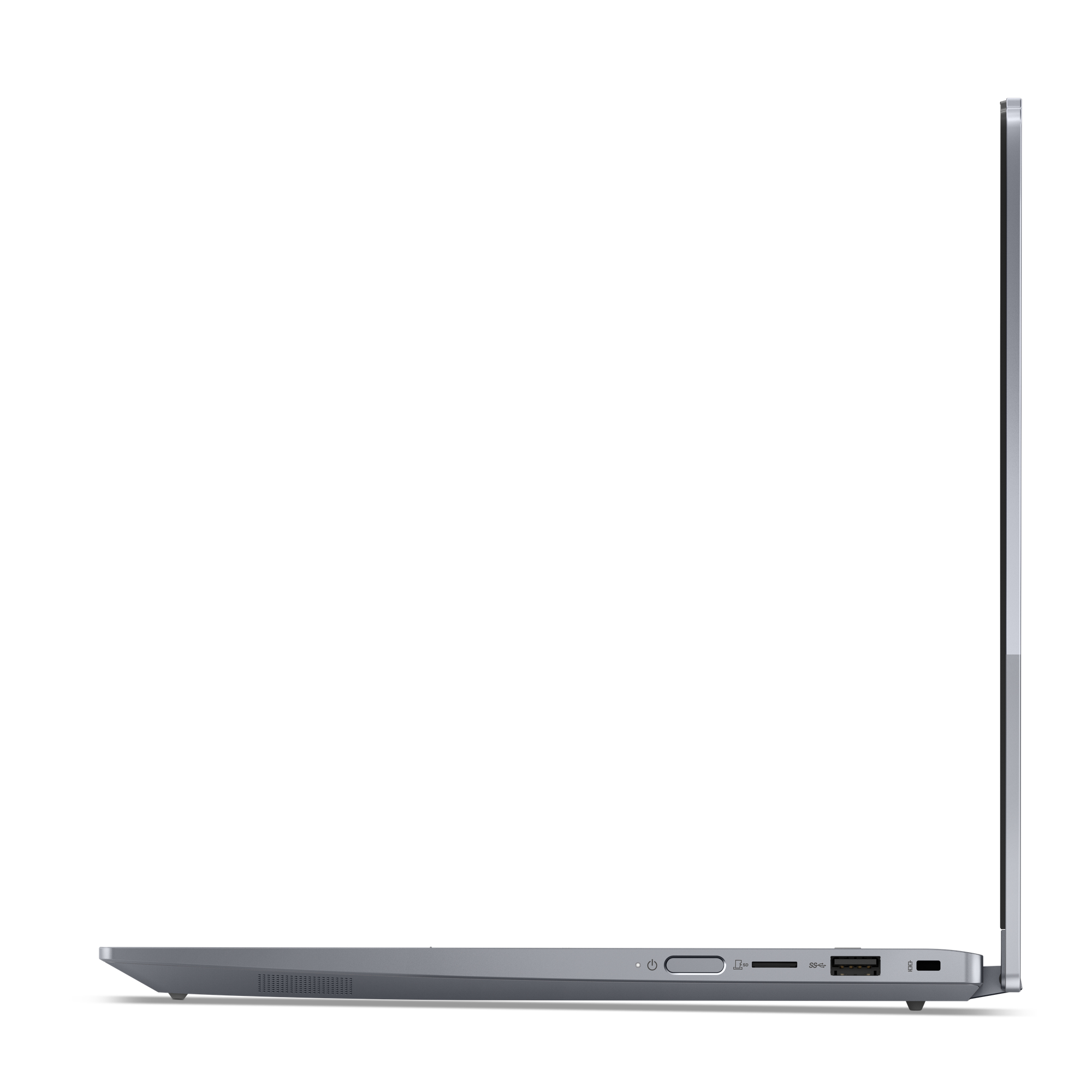 Seitenansicht eines grauen Laptops mit Anschlüssen und geschlossenem Deckel. Weißer Hintergrund.