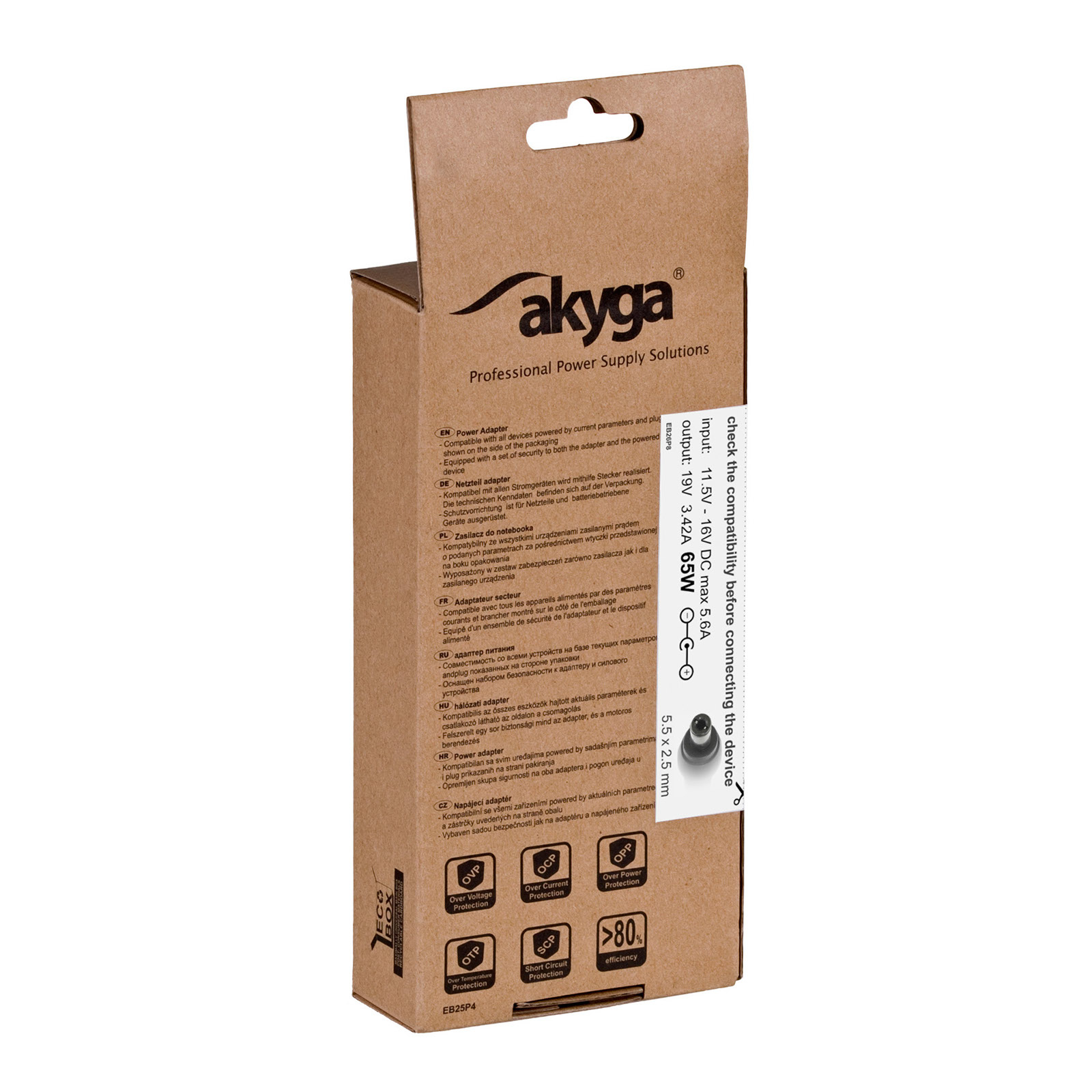 Scatola dell'adattatore di alimentazione Akyga con dettagli. Ingresso, uscita e compatibilità visibili.