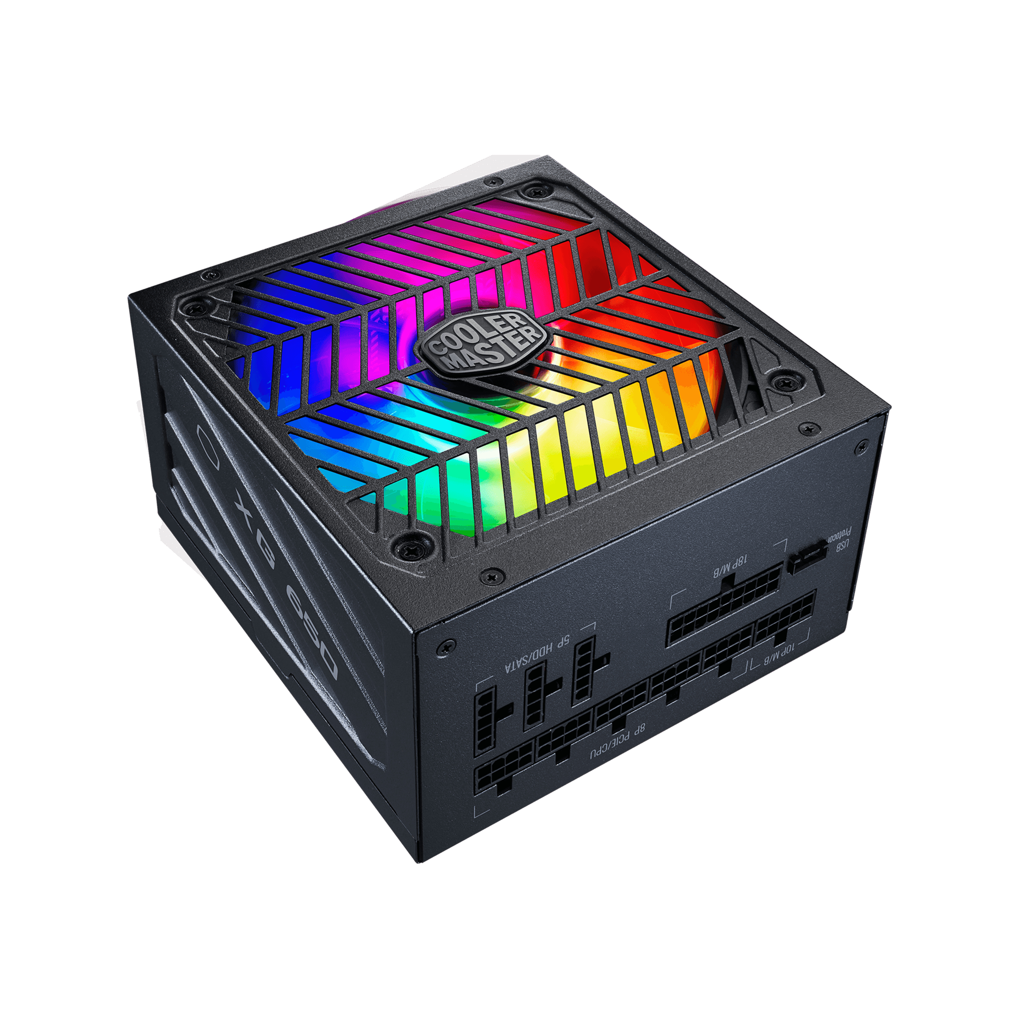 Zwarte Cooler Master PSU met RGB-verlichting en logo. Het heeft verschillende connectorpoorten.