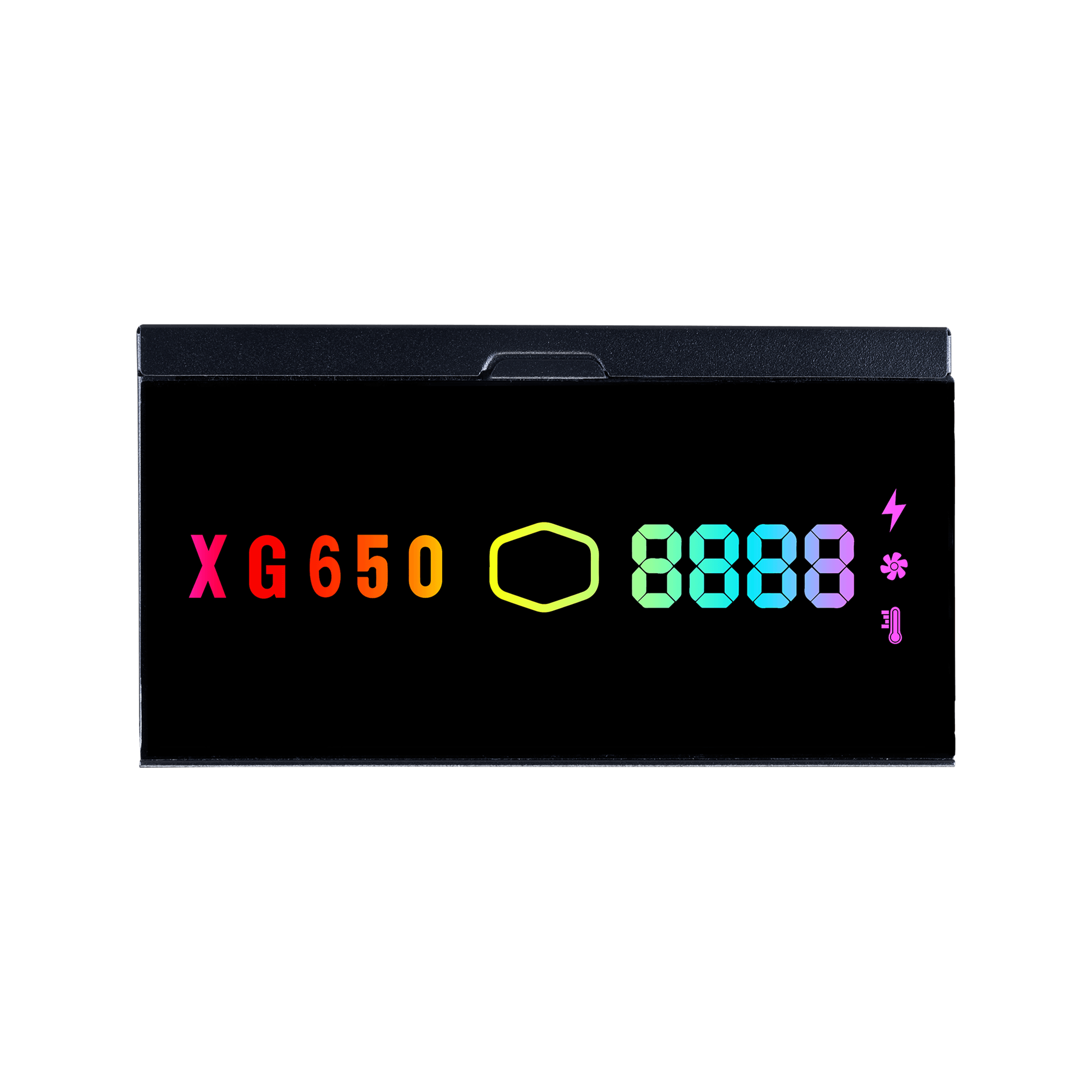 Zwarte voeding met een kleurrijk digitaal display met wattage en iconen.