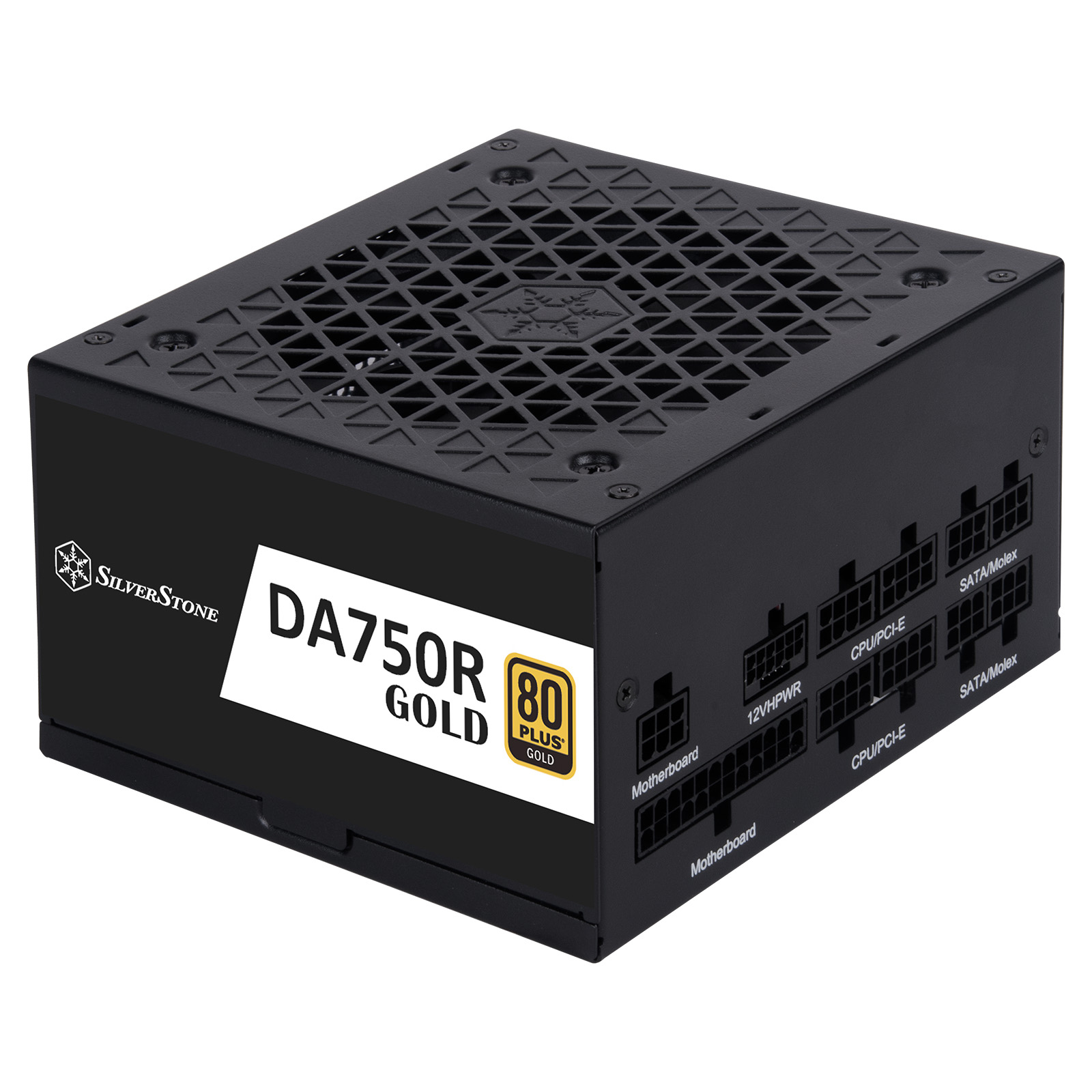 Alimentatore nero Silverstone DA750R. Ha una ventola e porte di connessione, dettagli sulla parte anteriore.