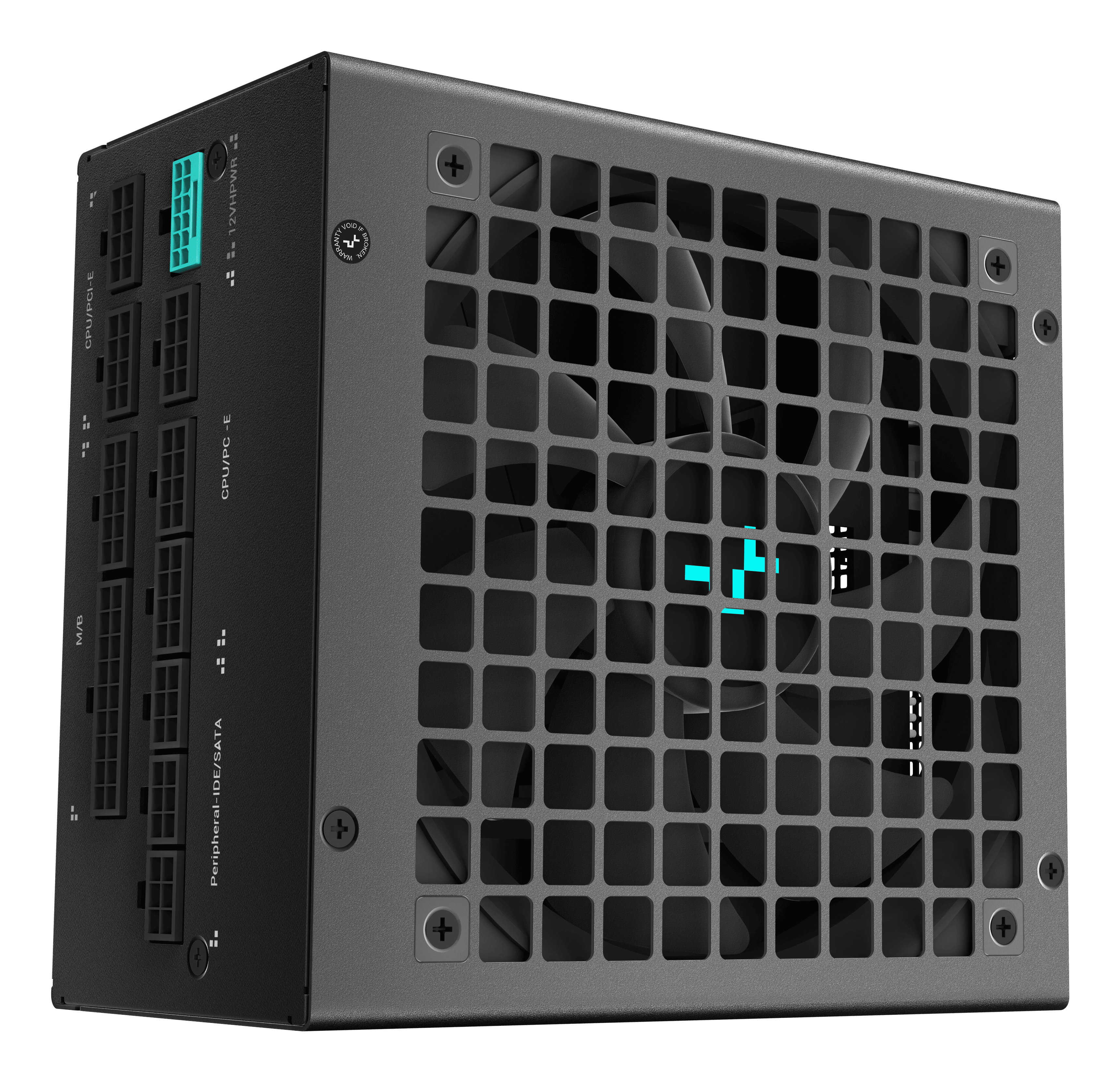 Alimentatore DeepCool nero con ventola a griglia. Il lato ha connettori e un accento blu.