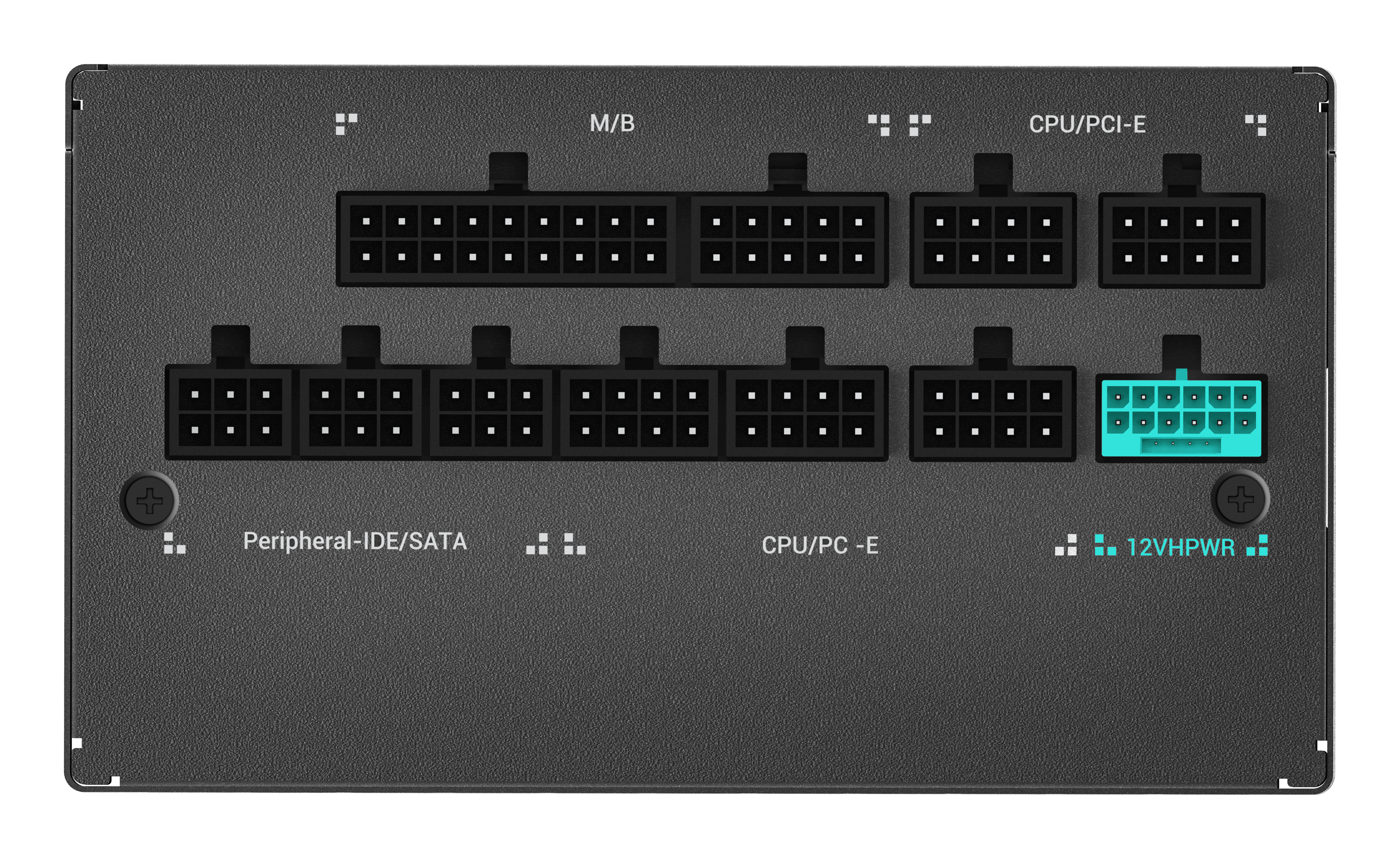 Un pannello connettori alimentatore nero. Ha più porte, con etichette come M/B, CPU/PCIE e 12VHPWR.