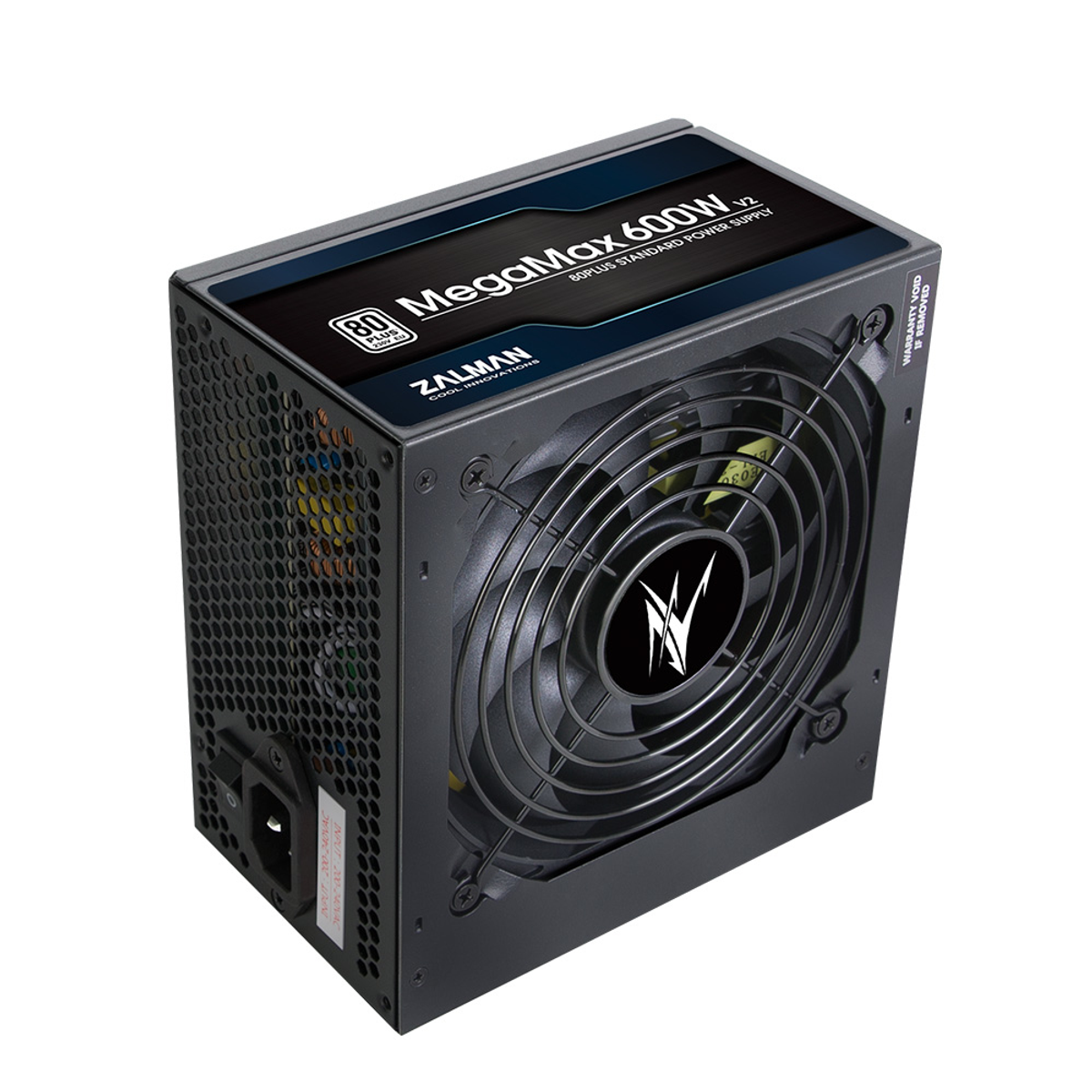 Schwarzes Zalman MegaMax 600W Netzteil. Ein Lüfter ist mit dem Logo der Marke sichtbar.