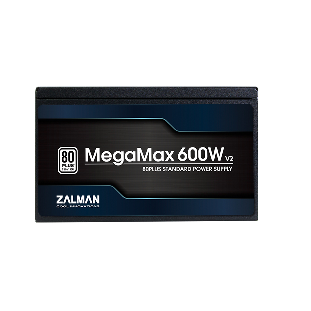 Schwarzes Zalman MegaMax 600W Netzteil. Es hat den Markennamen und die Spezifikationen auf der Vorderseite.