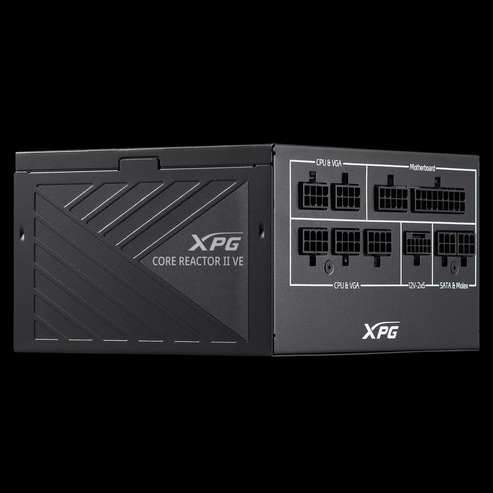 Bloc d'alimentation noir montrant le panneau de connecteurs. Logo XPG visible.