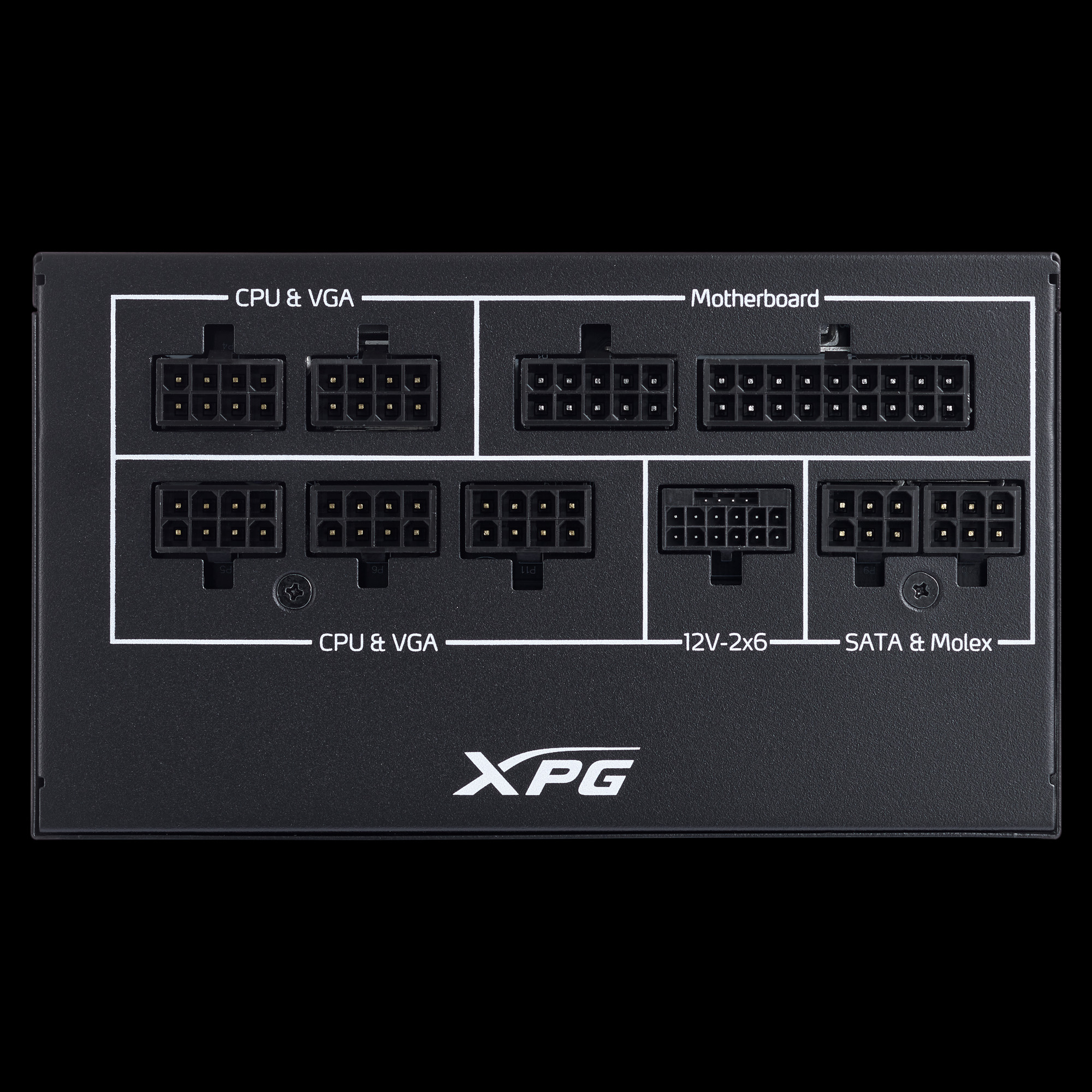 Panneau de connecteurs de bloc d'alimentation noir. Logo XPG et étiquettes de connecteurs visibles.