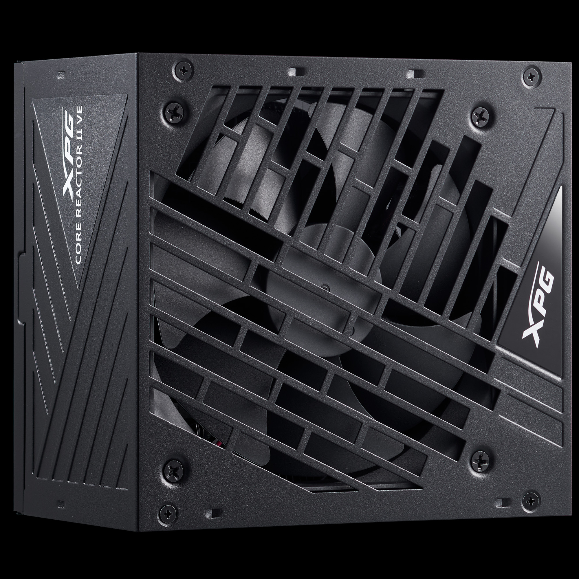 Schwarzes Netzteil mit Lüfter und XPG-Logo. Seite zeigt Core Reactor II VE.