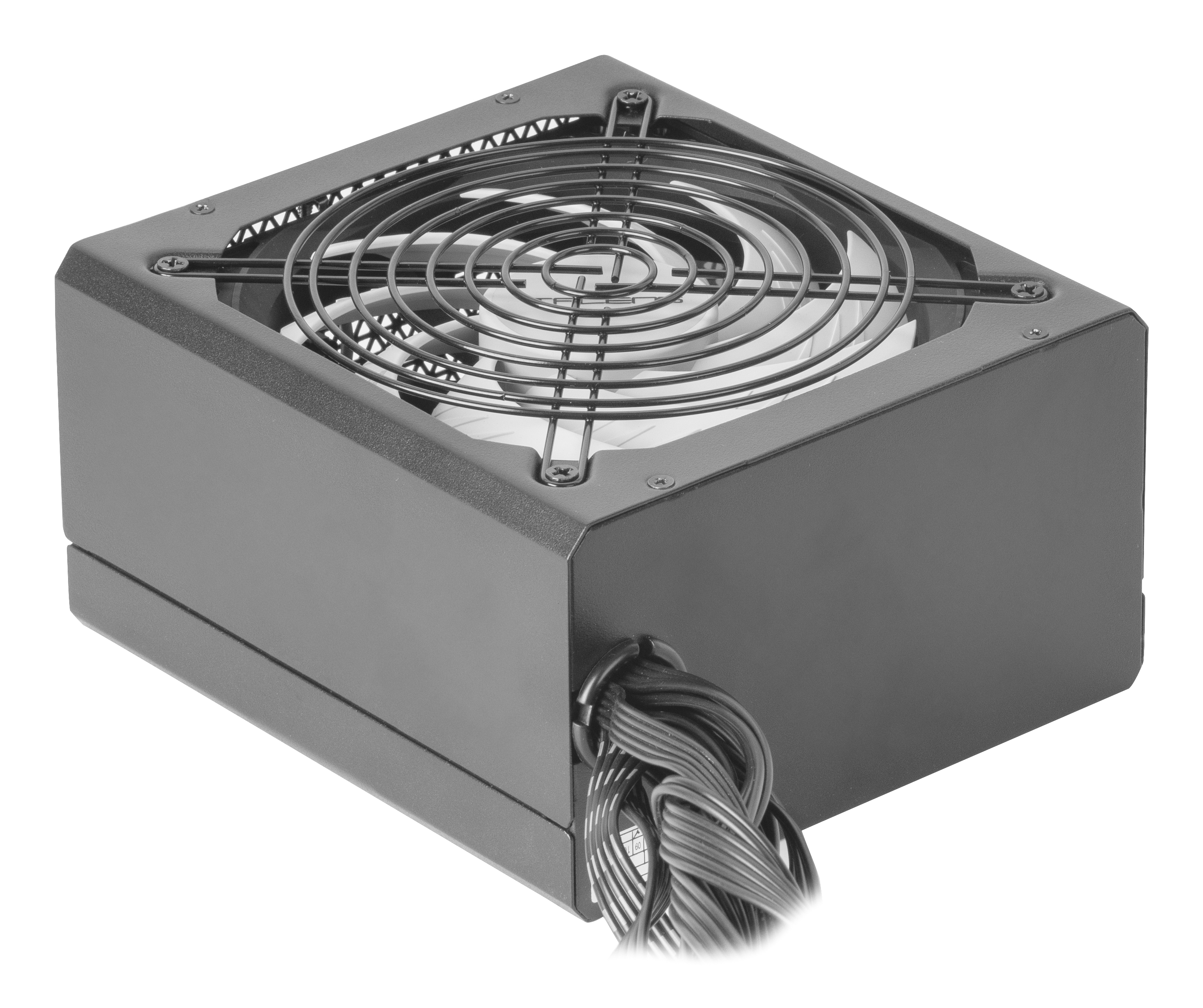 Czarny zasilacz z wentylatorem i wiązką przewodów.