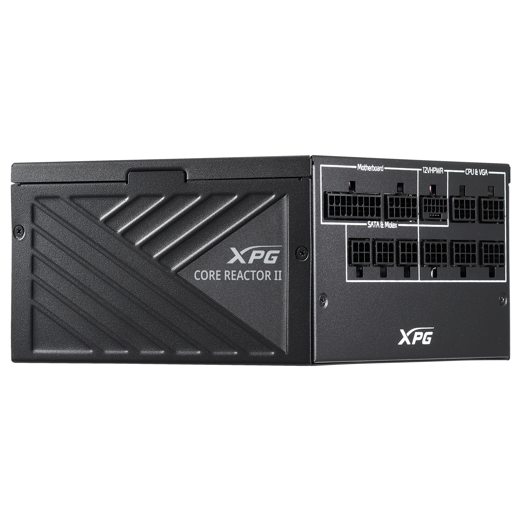 Schwarzes XPG CORE REACTOR II Netzteil. Es hat den Markennamen, und Modellinformationen werden auf der Seite angezeigt.