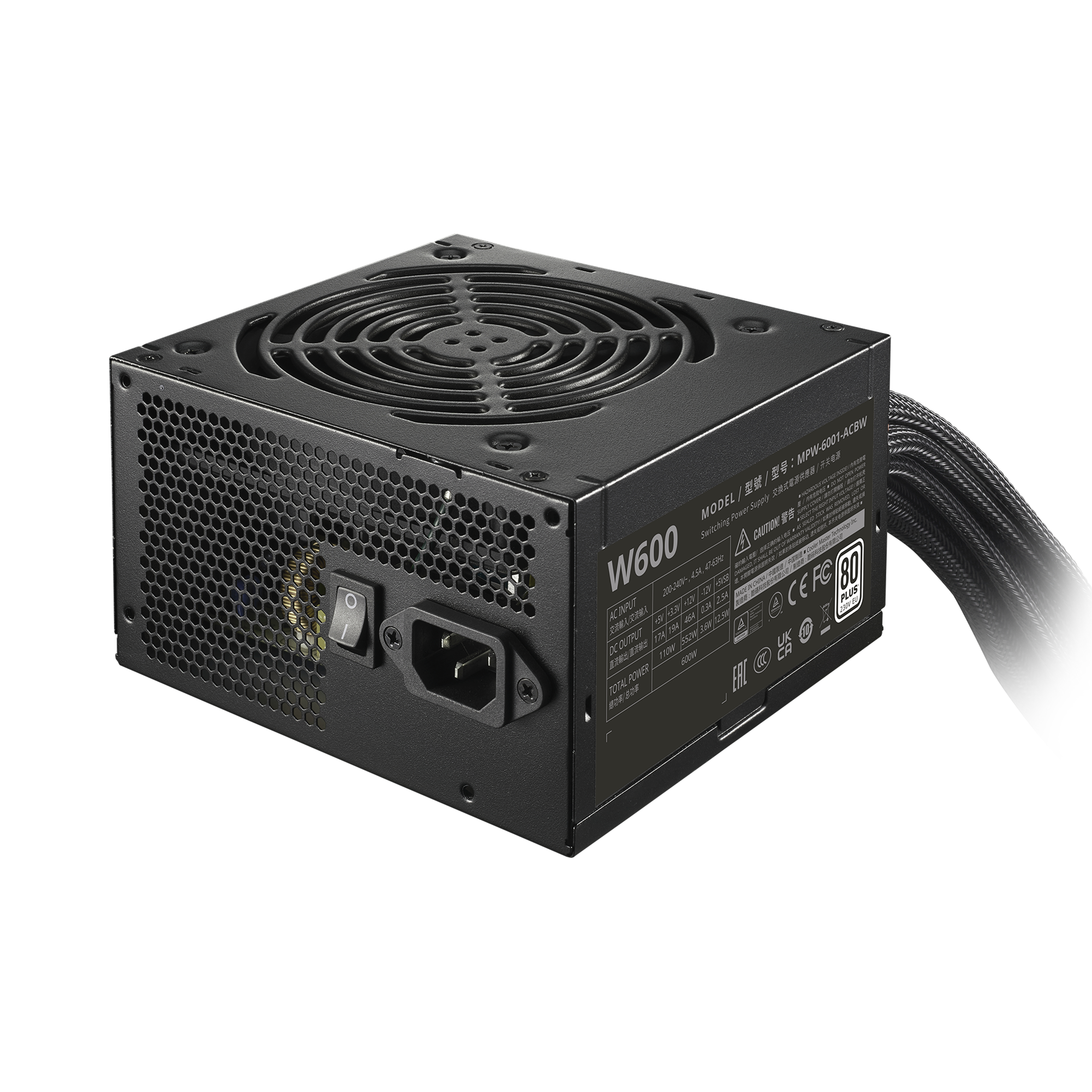 Zwarte voeding met een ventilator en aan/uit-schakelaar. Model W600. Heeft een zwart gaas aan de zijkant en een label met specificaties.